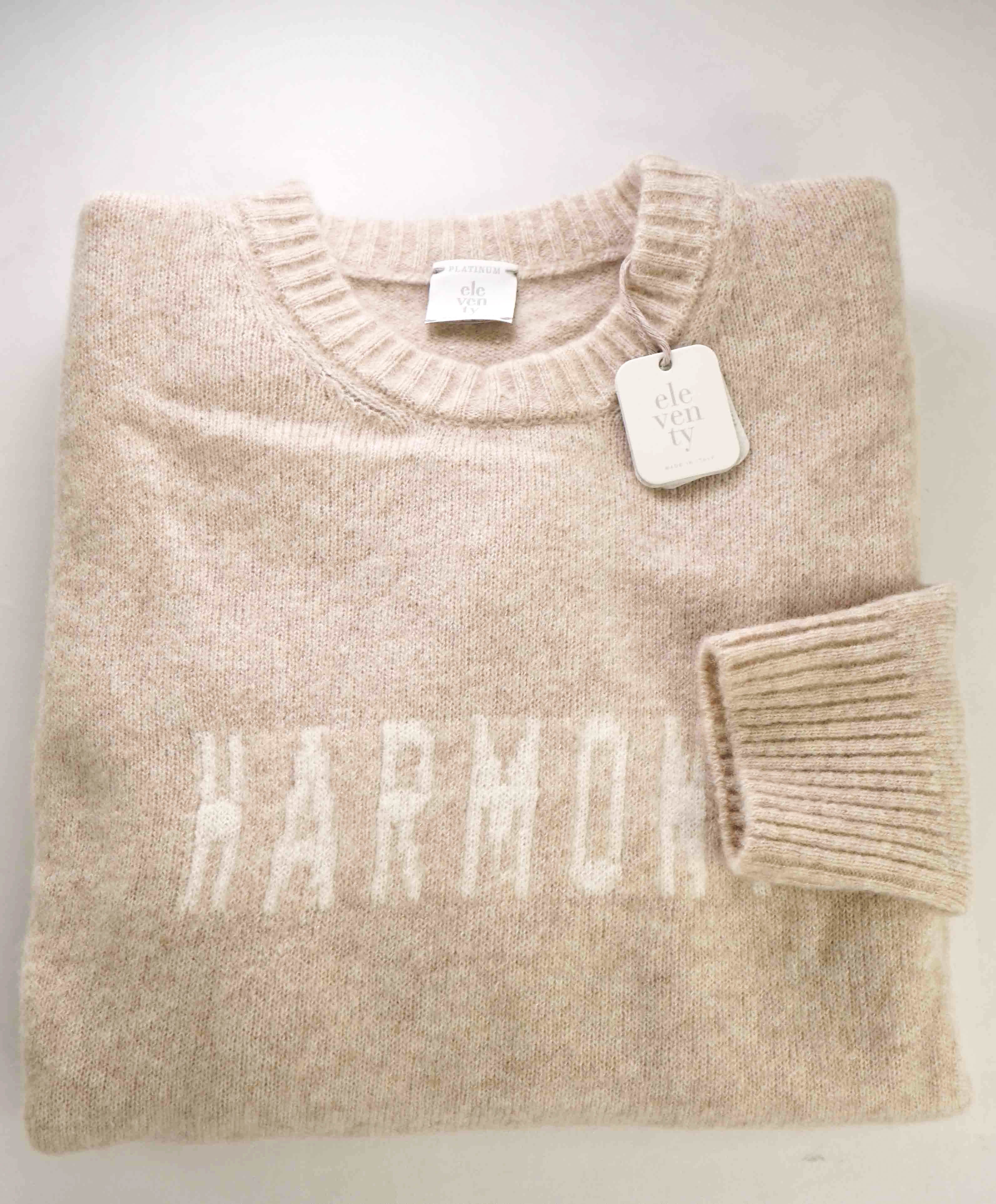 $1,095 ELEVENTY - CASHMERE & SILK Neutral Text Crewneck Sweater - M