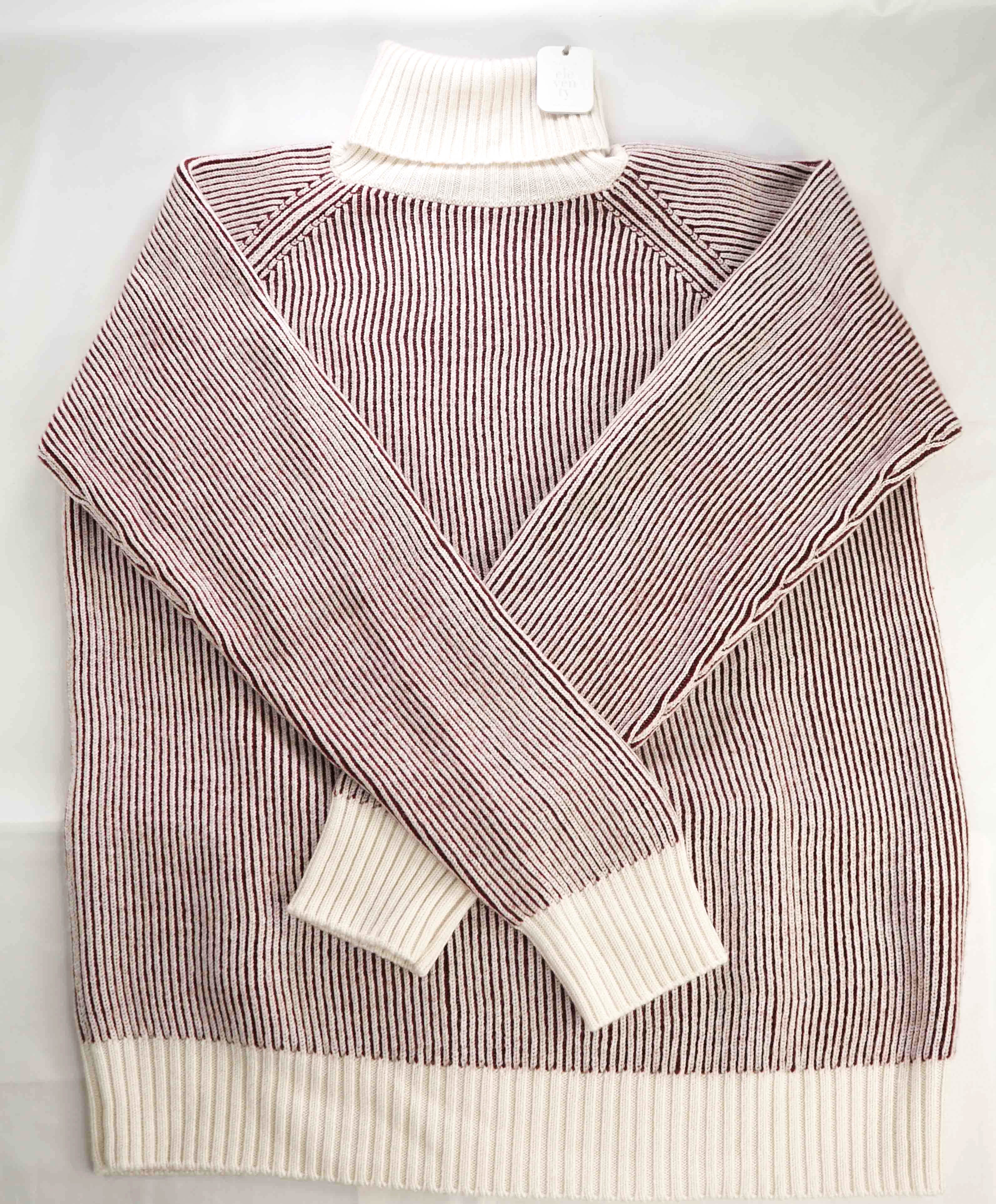 $745 ELEVENTY - Ivory & Burgundy Ribbed *PLATINUM* Wool Turtleneck Sweater - M