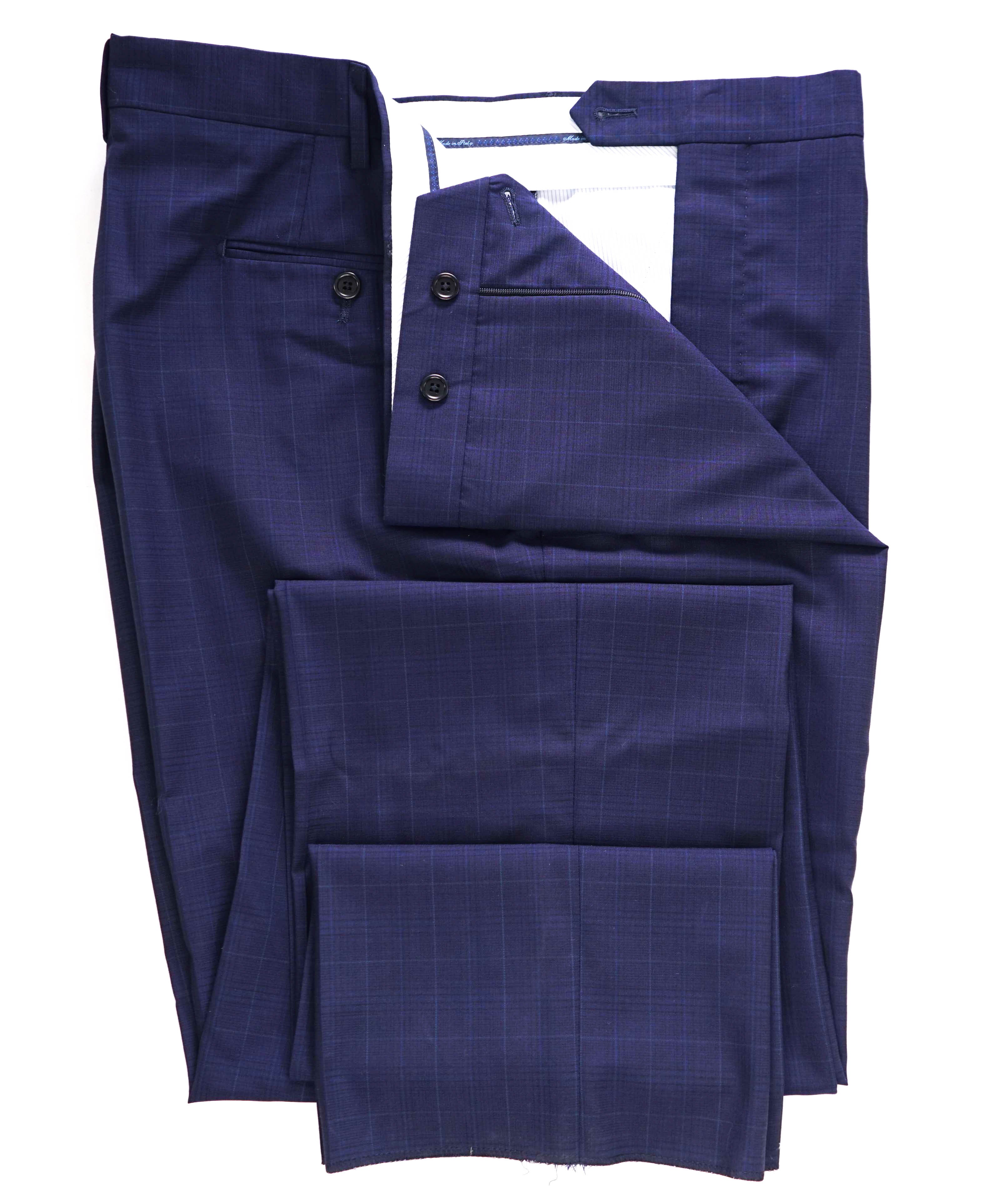 SAKS FIFTH AVE -Blue Check "TAILORED" Wool MADE IN ITALY Flat Front Pants- 42W