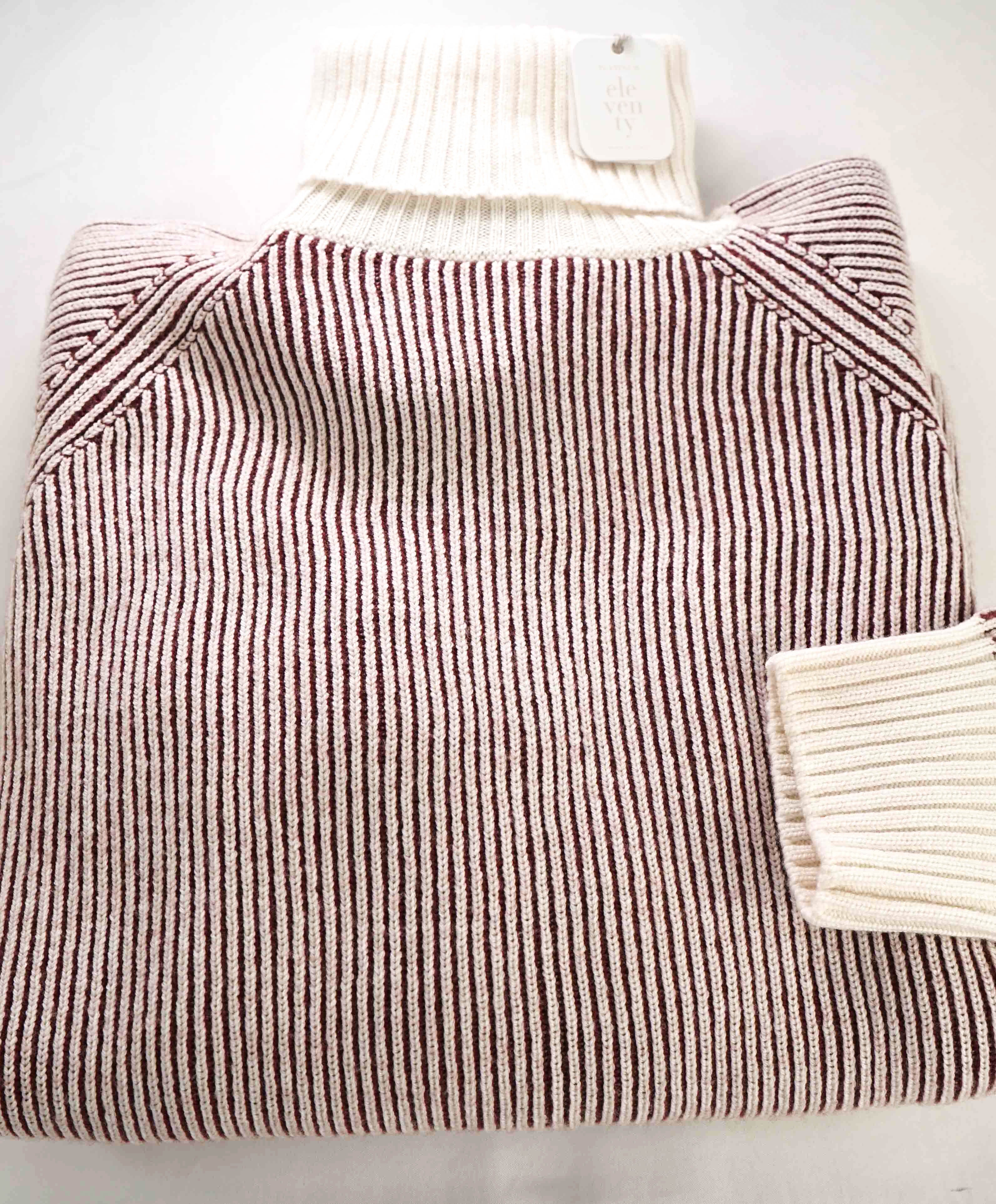 $745 ELEVENTY - Ivory & Burgundy Ribbed *PLATINUM* Wool Turtleneck Sweater - M