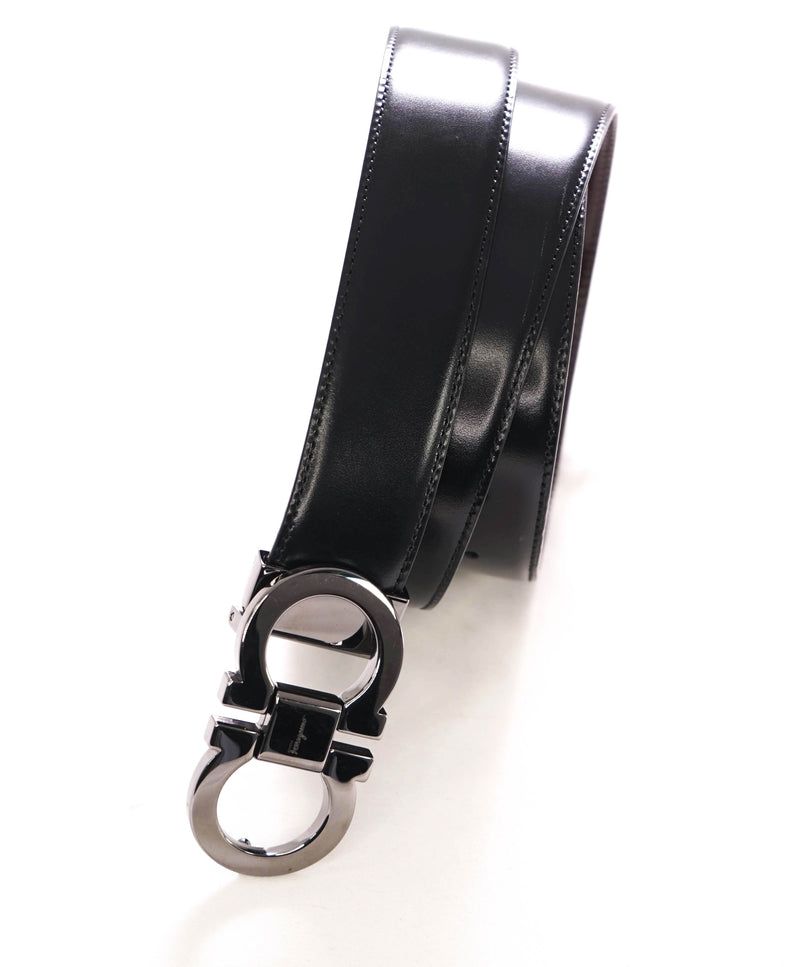 $535 SALVATORE FERRAGAMO - Black/Brown Gancini Buckle Leather Belt - 38W (Cut To Smaller Size)