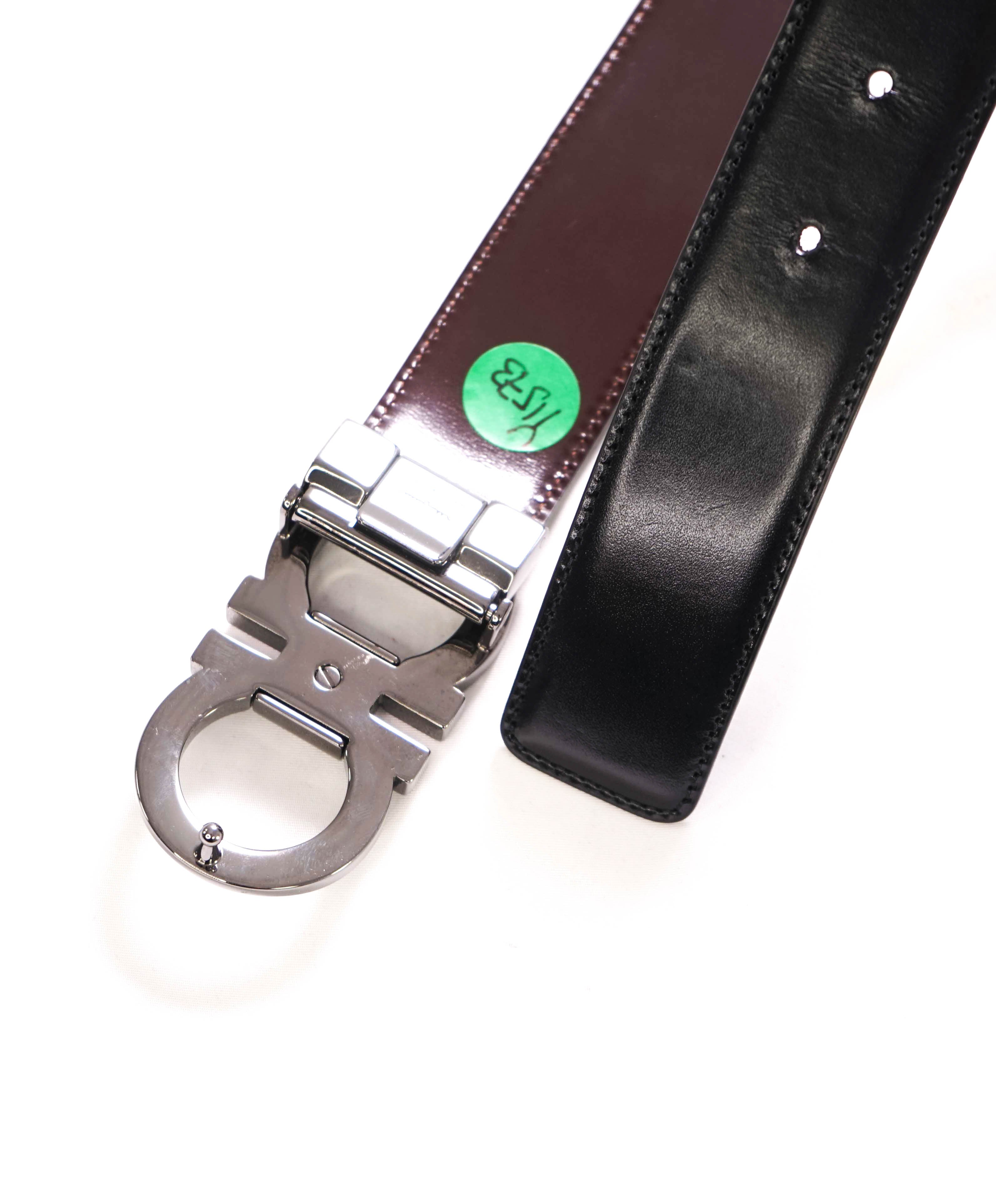 $535 SALVATORE FERRAGAMO - Black/Brown Gancini Buckle Leather Belt - 38W (Cut To Smaller Size)