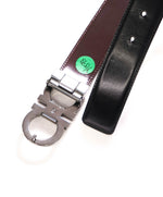 $535 SALVATORE FERRAGAMO - Black/Brown Gancini Buckle Leather Belt - 38W (Cut To Smaller Size)