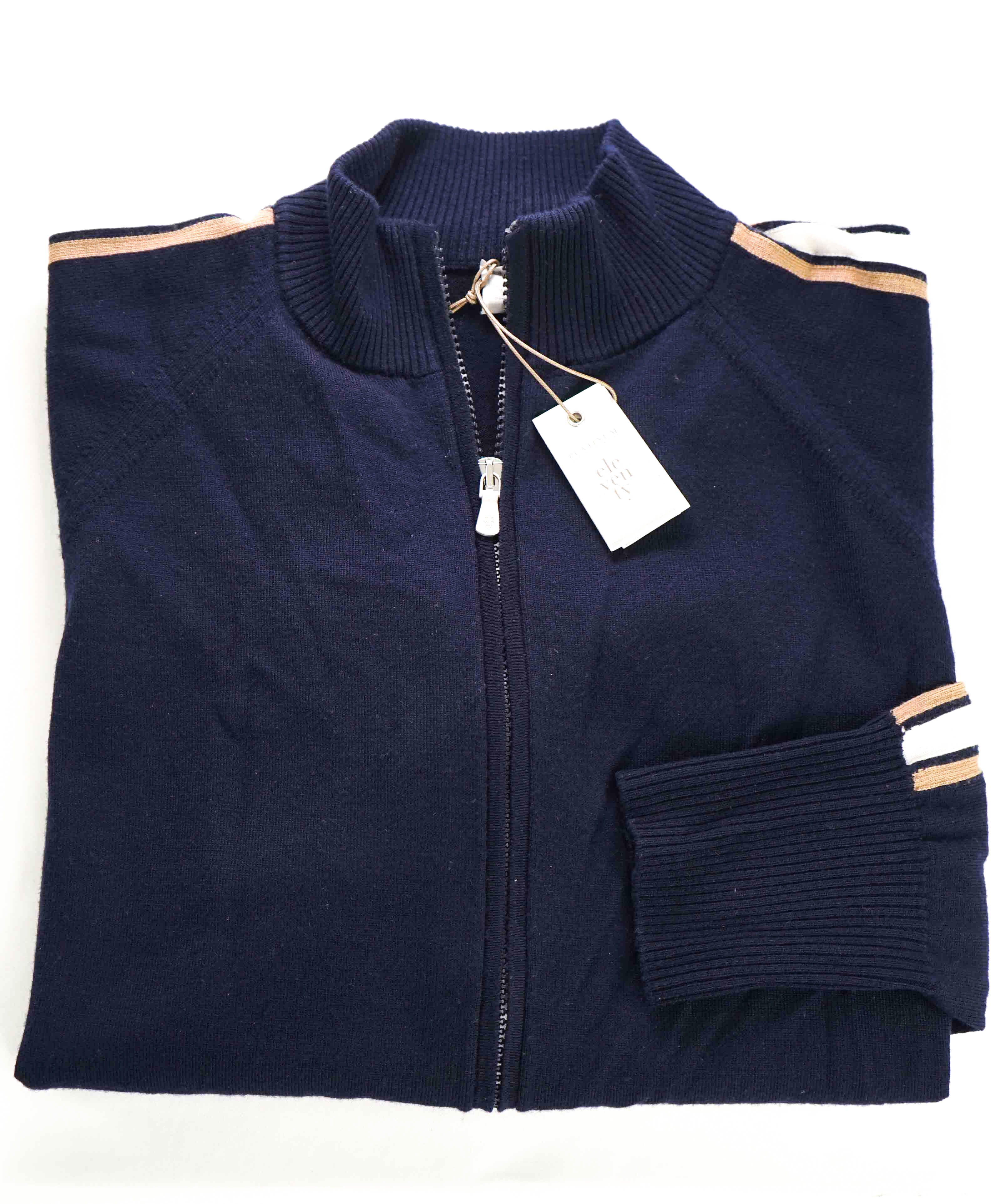 $1,245 ELEVENTY - WOOL *FULL ZIP* Track Stripe Blue/Ivory/Beige Sweater - XL