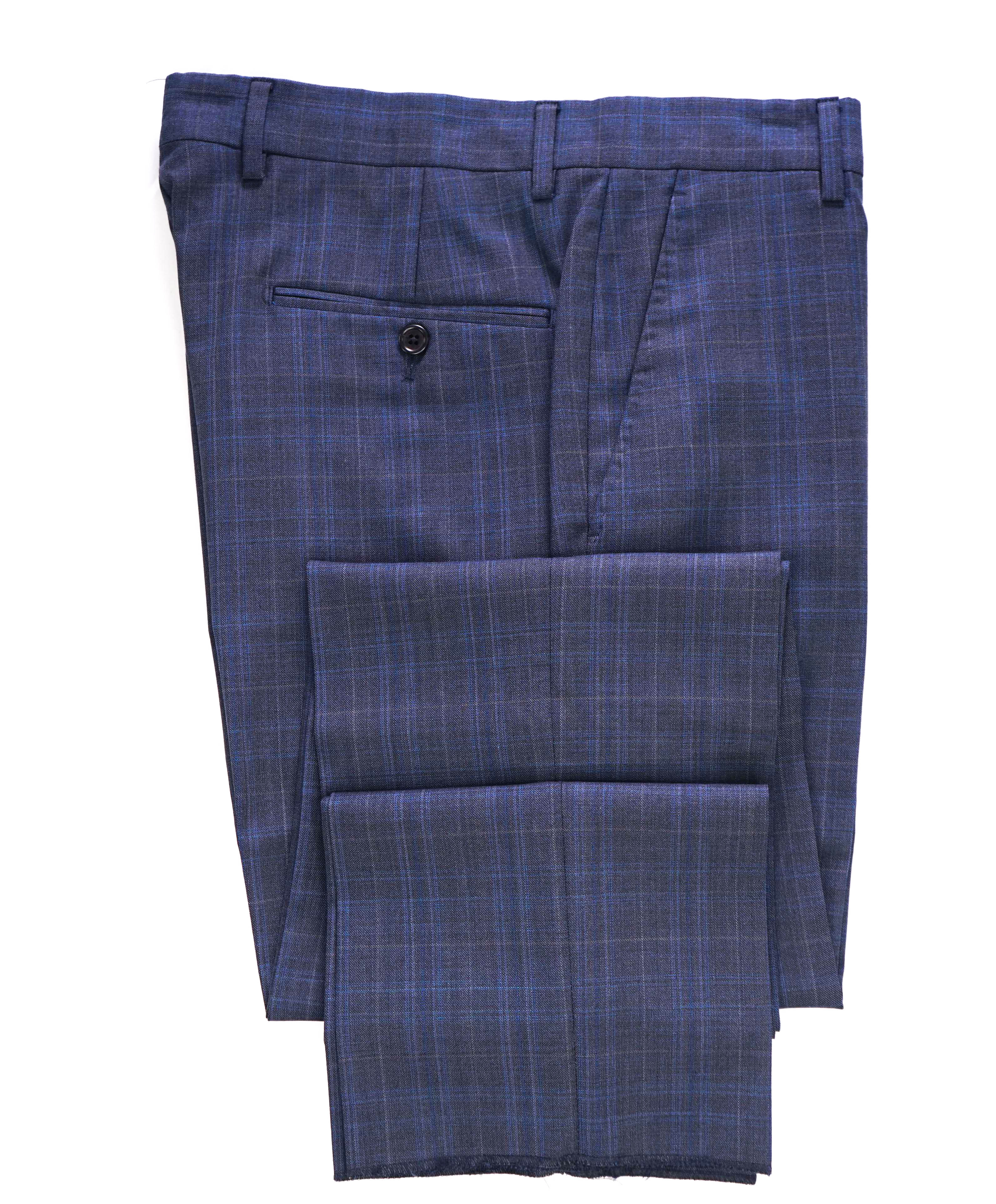 SAKS FIFTH AVE - Check Blue "Modern" Wool MADE IN ITALY Flat Front Dress Pants - 32W