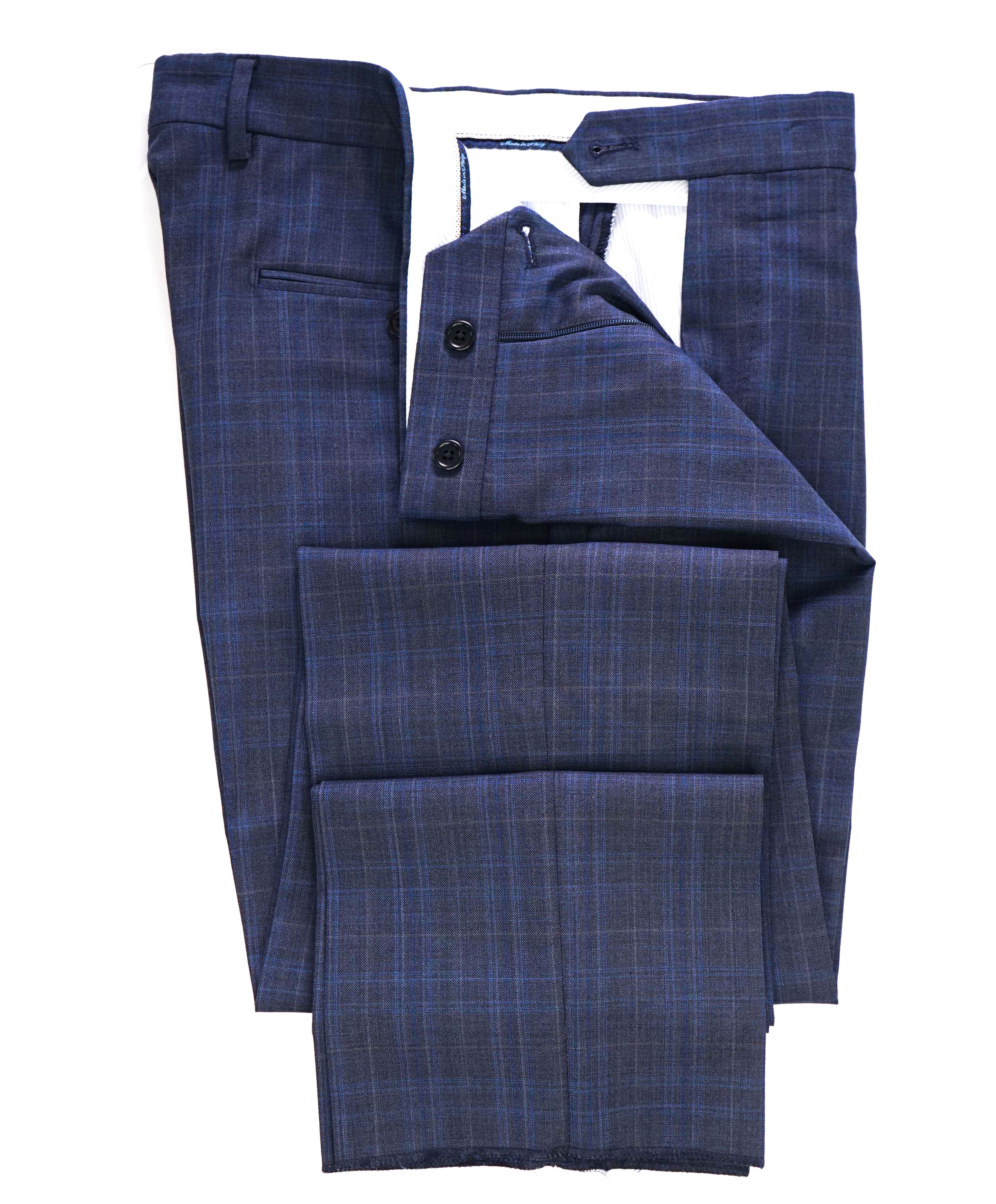 SAKS FIFTH AVE - Check Blue "Modern" Wool MADE IN ITALY Flat Front Dress Pants - 32W