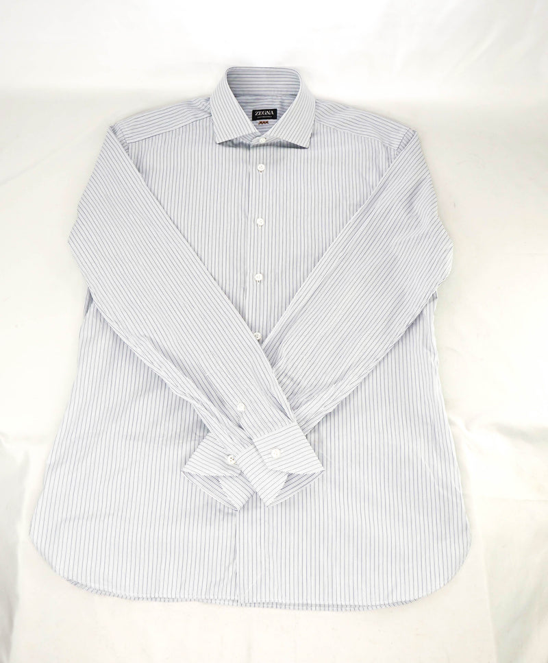 $890 ZEGNA - Regular fit "Centoventimila" Blue Stripe Button Down Shirt - 15.5 (39)