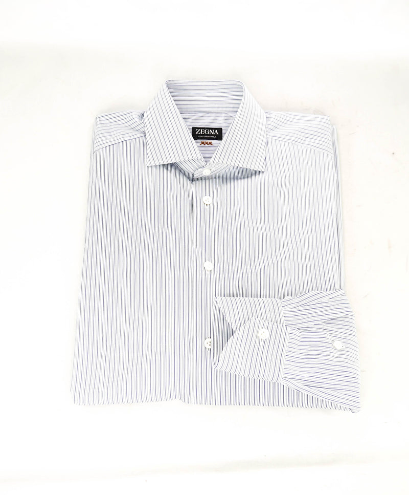 $890 ZEGNA - Regular fit "Centoventimila" Blue Stripe Button Down Shirt - 15.5 (39)