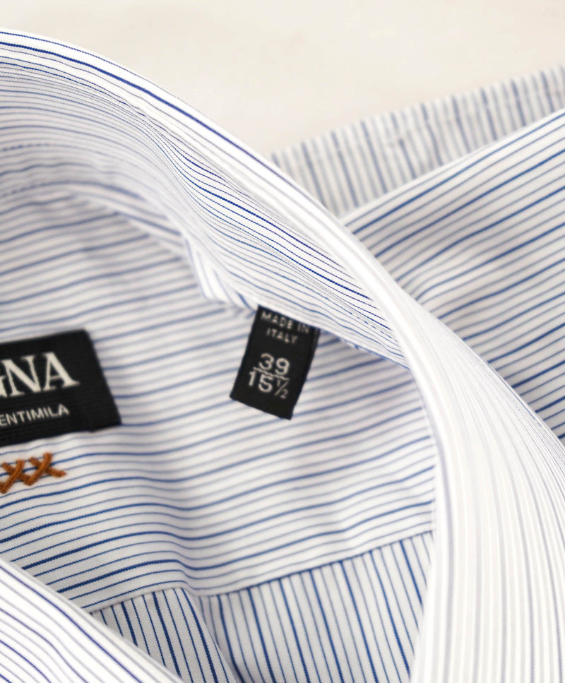 $890 ZEGNA - Regular fit "Centoventimila" Blue Stripe Button Down Shirt - 15.5 (39)