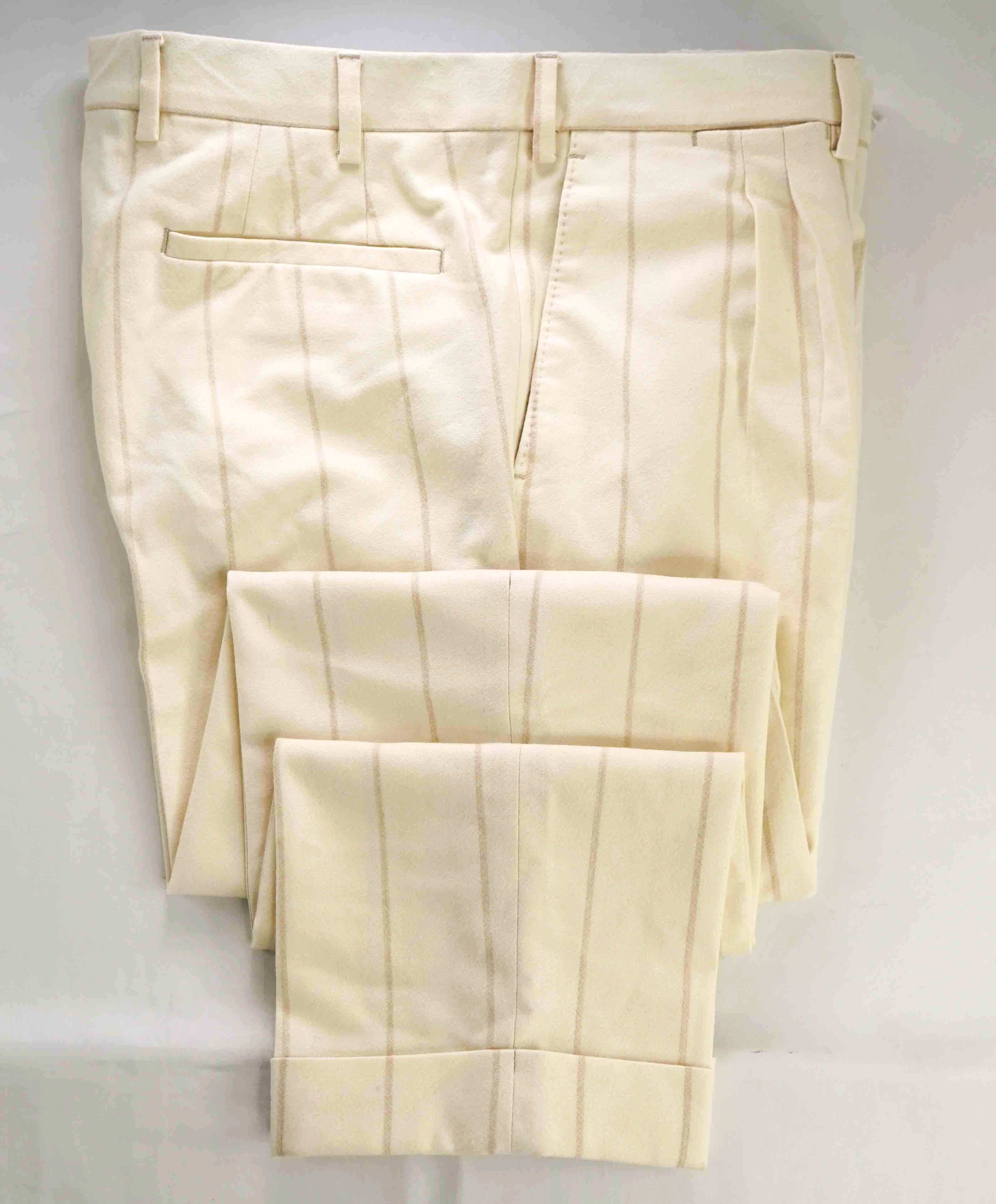 $2,545 ELEVENTY - Ivory / Camel Chalk Stripe WOOL Cuffed Dress Pants - 33W