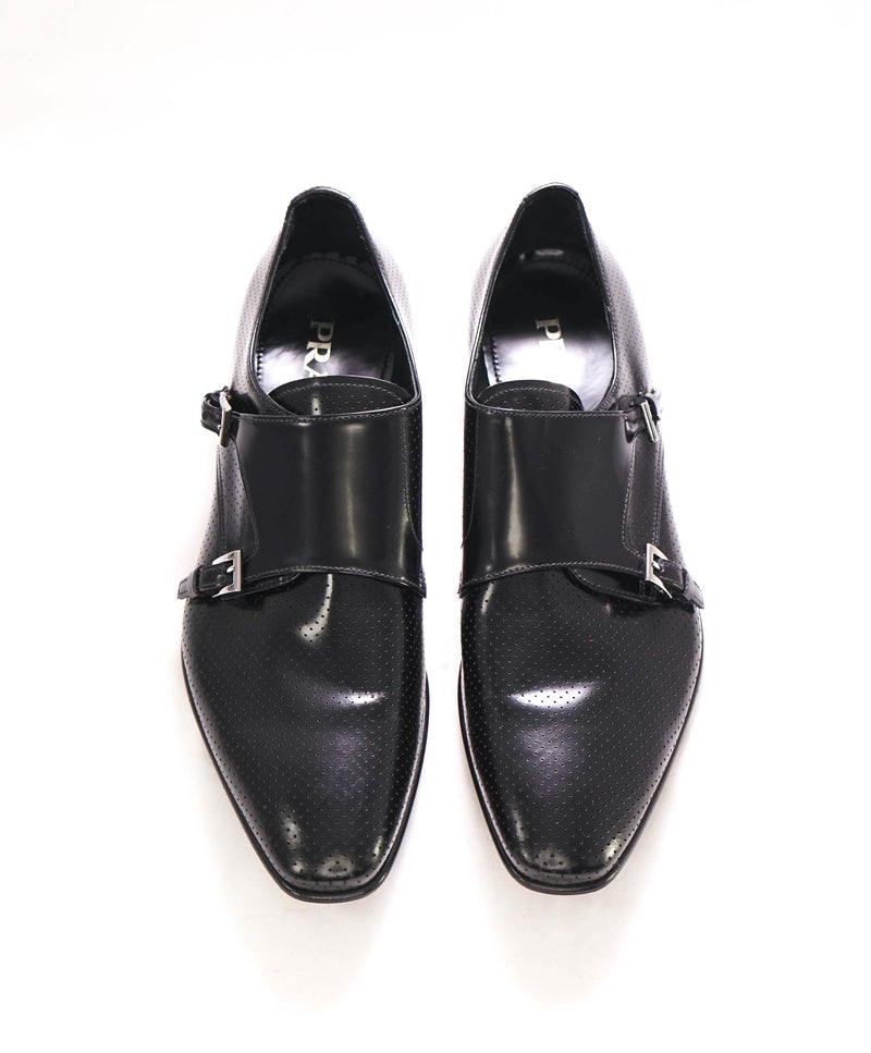 $980 PRADA - Black DOUBLE MONK STRAP Leather Logo Loafers - 9.5US (8.5 Prada)