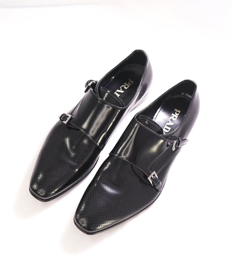 $980 PRADA - Black DOUBLE MONK STRAP Leather Logo Loafers - 9.5US (8.5 Prada)