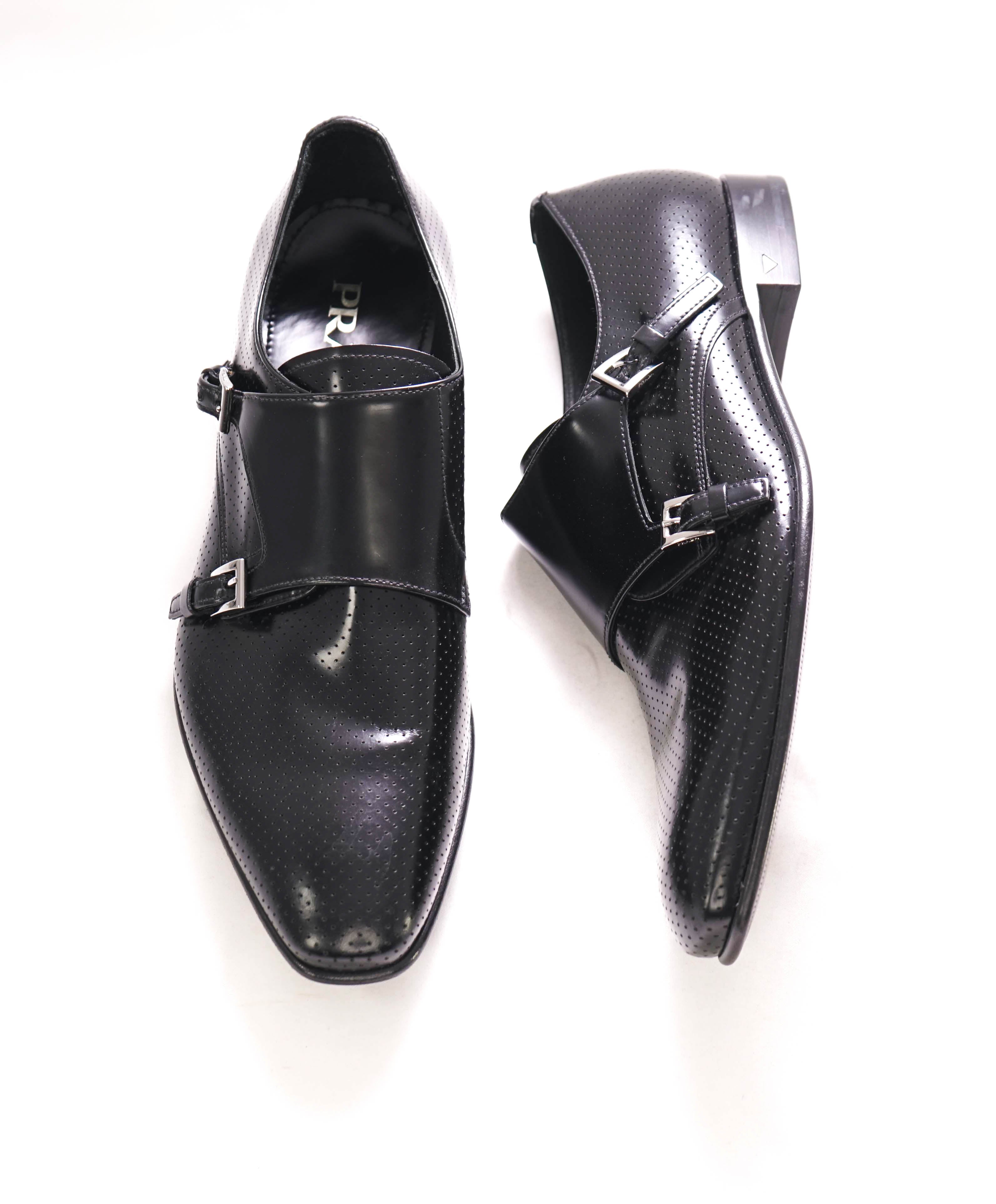 $980 PRADA - Black DOUBLE MONK STRAP Leather Logo Loafers - 9.5US (8.5 Prada)