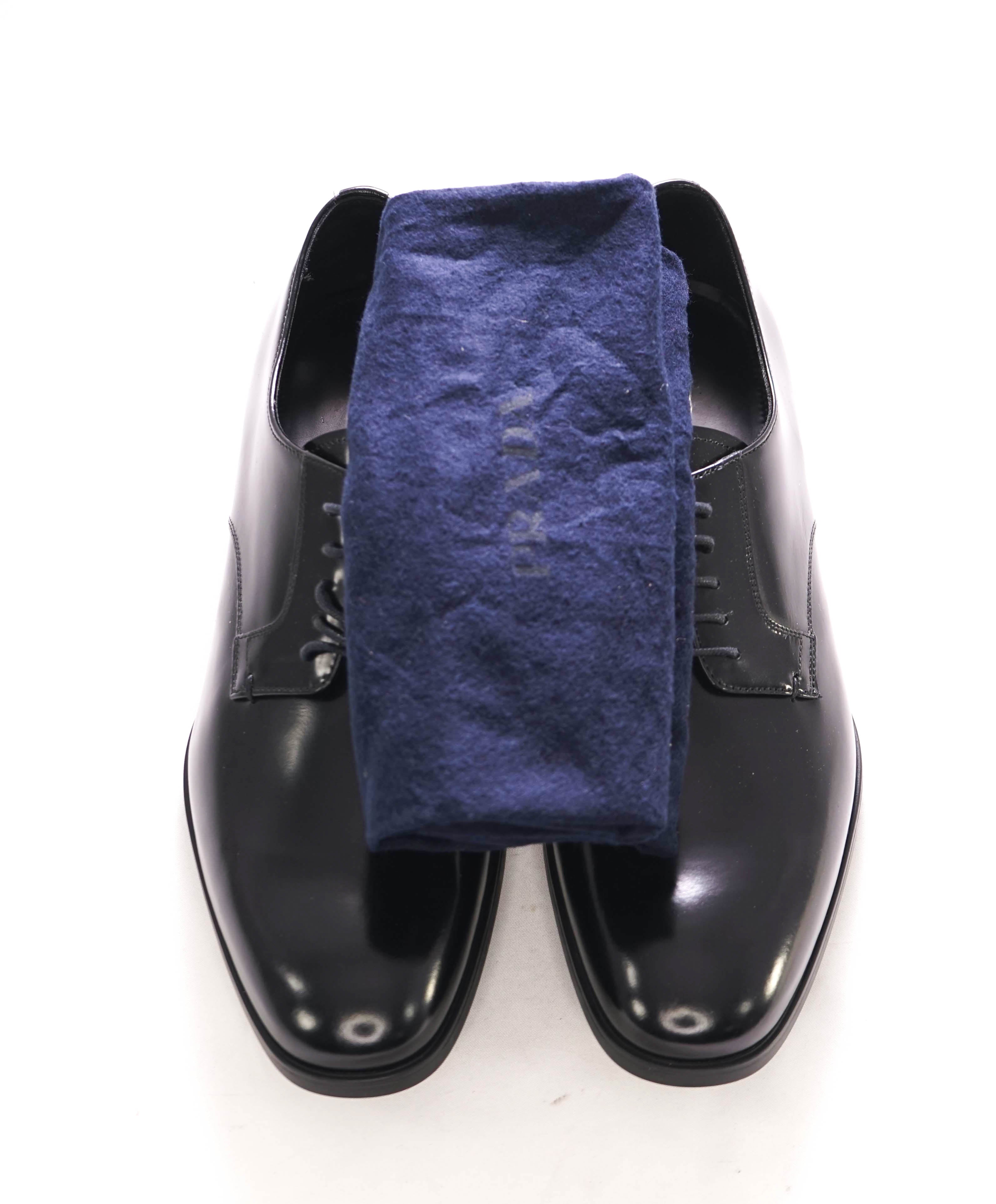 $950 PRADA - Black Brushed Leather Oxfords Derby - 8 US (7 Prada)