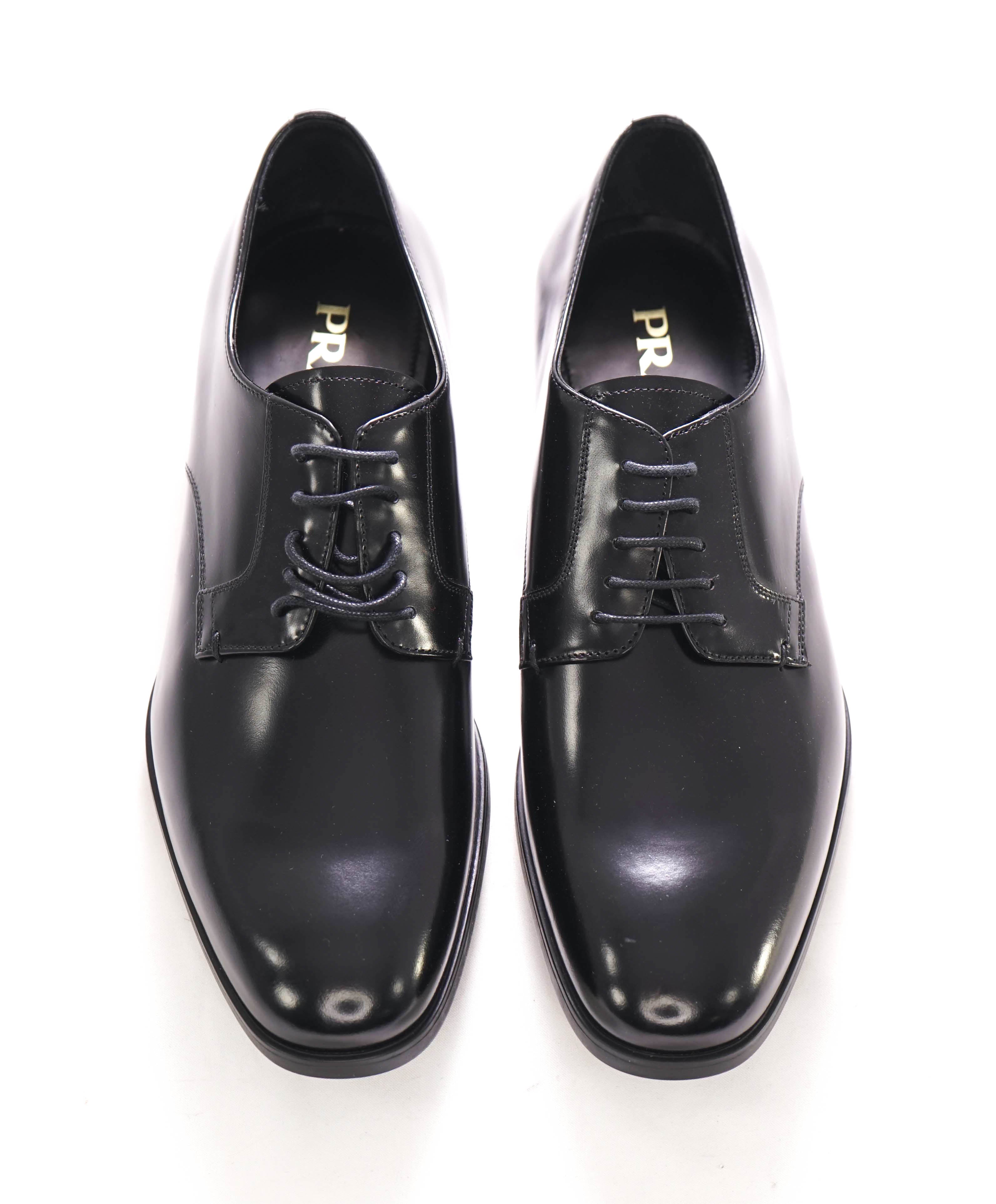 $950 PRADA - Black Brushed Leather Oxfords Derby - 8 US (7 Prada)