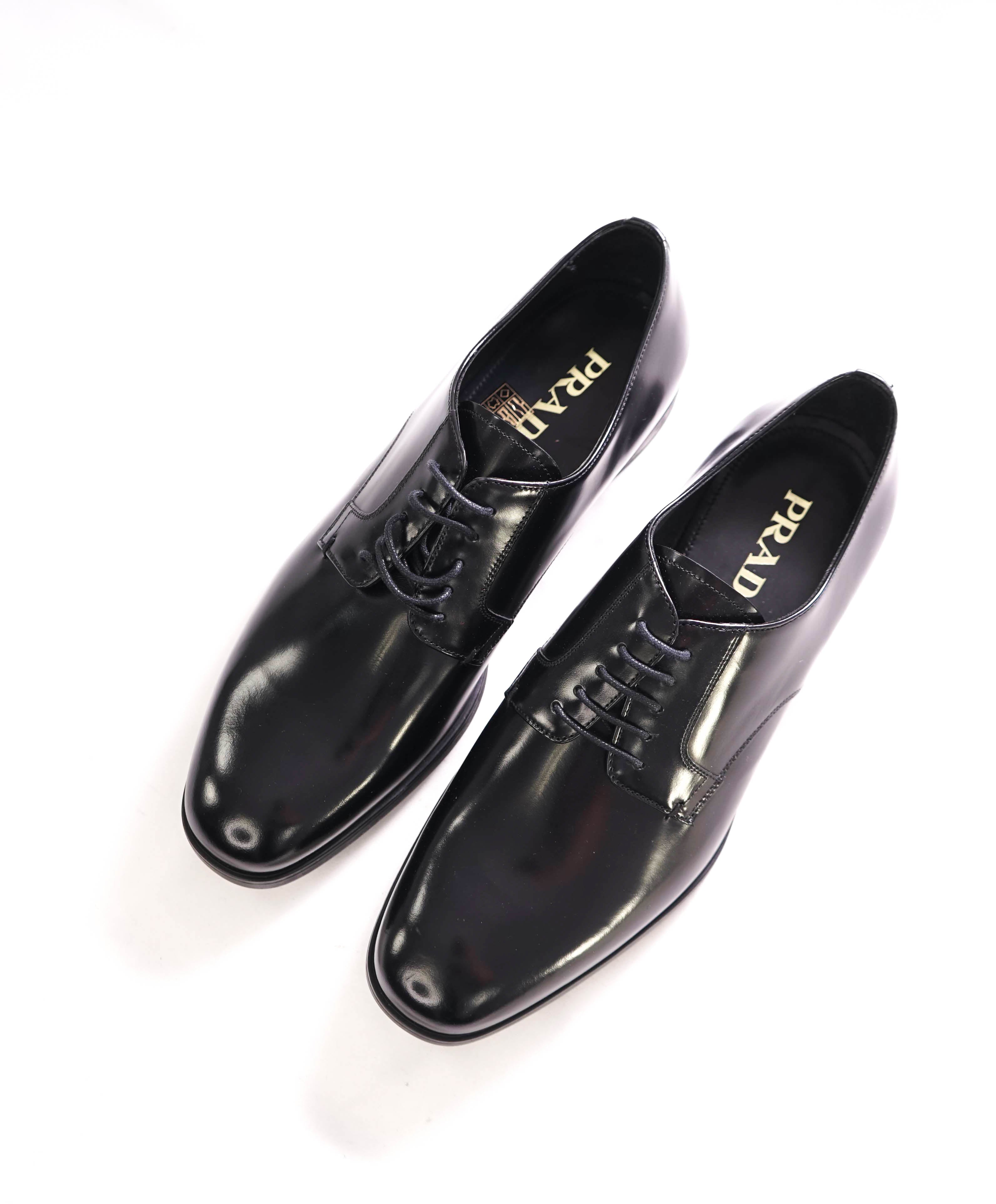 $950 PRADA - Black Brushed Leather Oxfords Derby - 8 US (7 Prada)