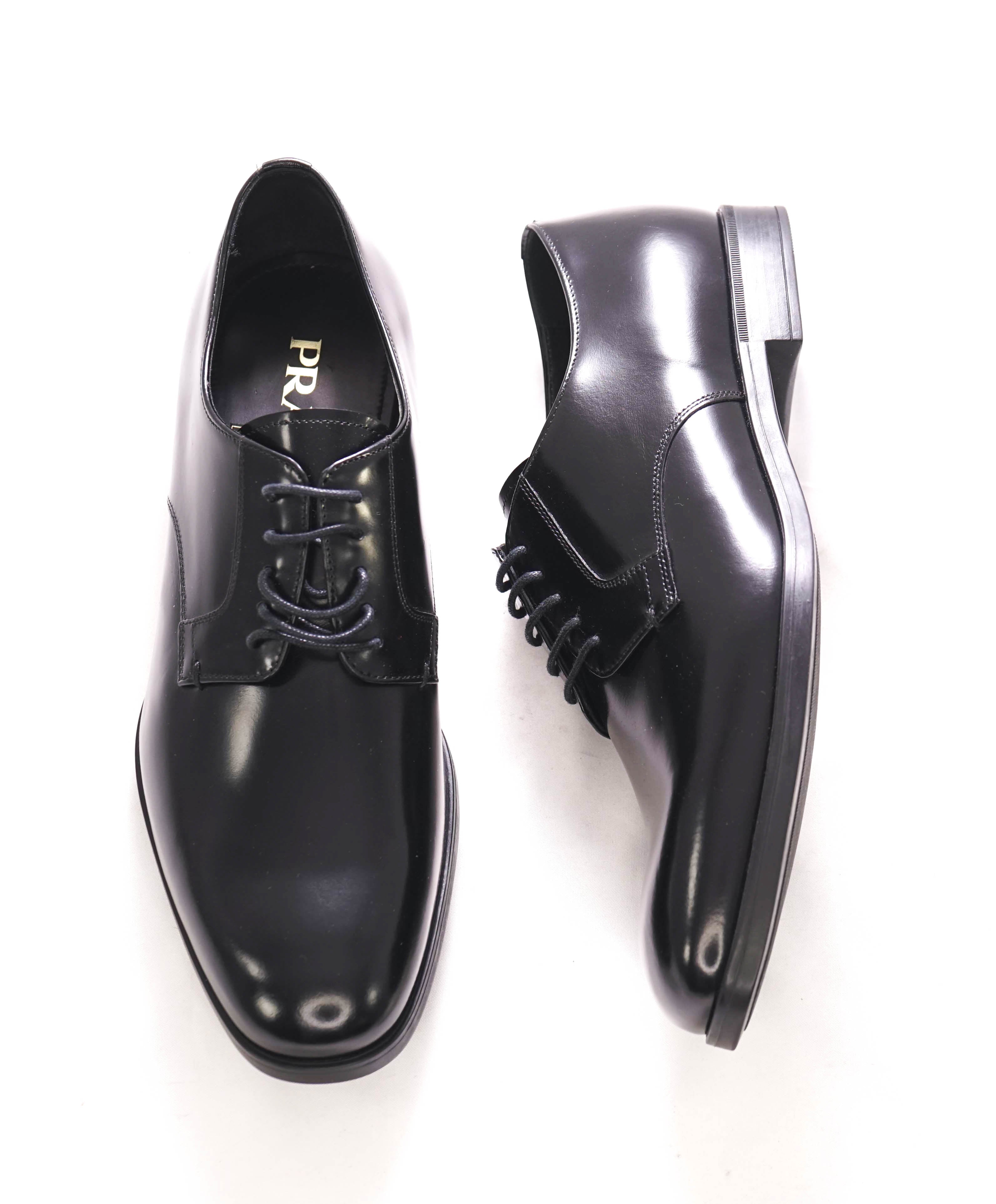 $950 PRADA - Black Brushed Leather Oxfords Derby - 8 US (7 Prada)