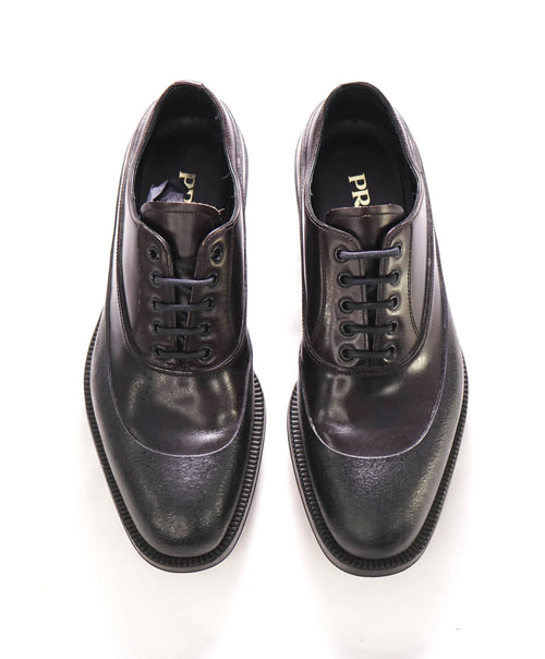 $1,320 PRADA - Brown Leather Brogue Mixed-Media Lug Sole Oxfords - 8 US (7 Prada)