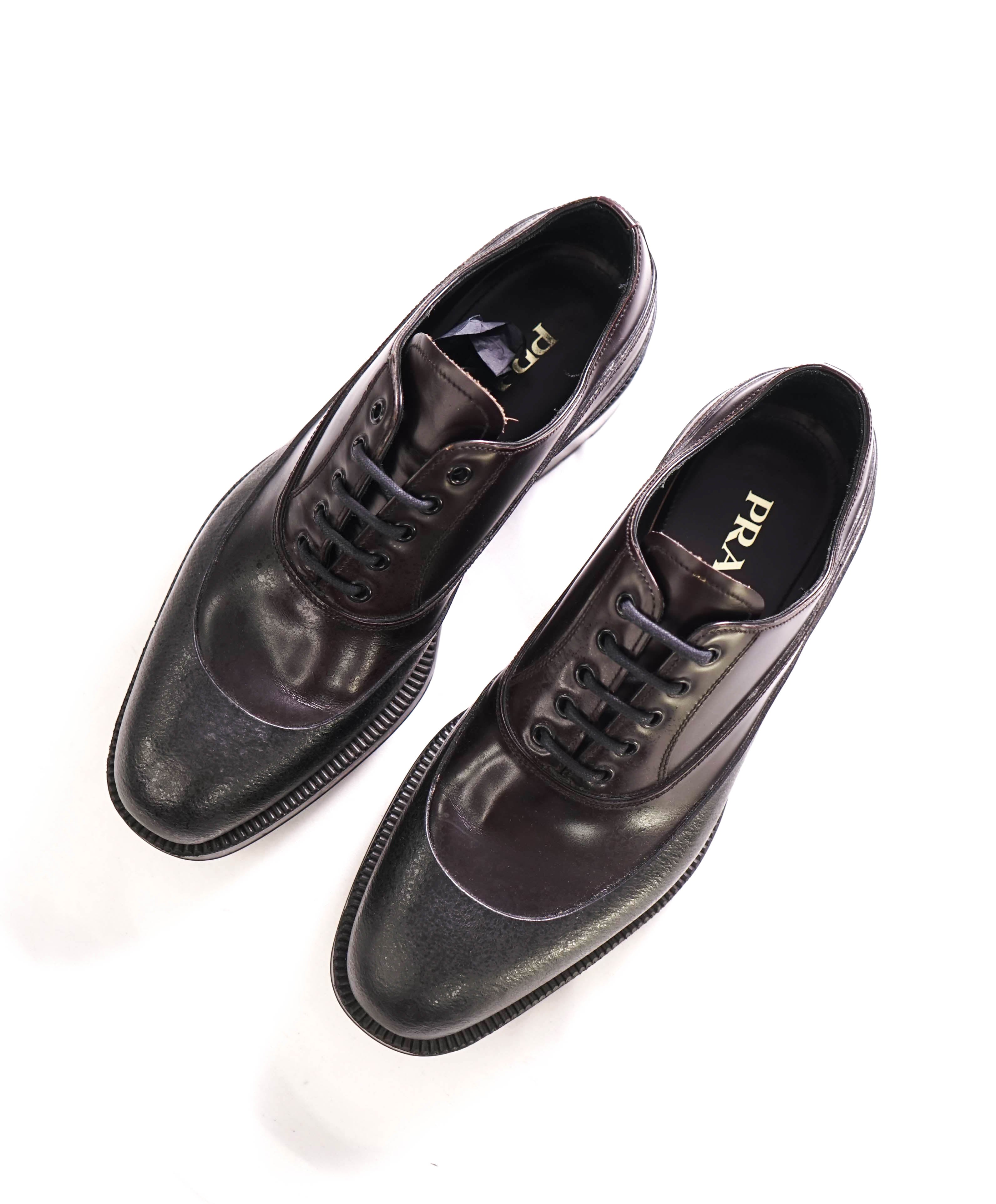 $1,320 PRADA - Brown Leather Brogue Mixed-Media Lug Sole Oxfords - 8 US (7 Prada)