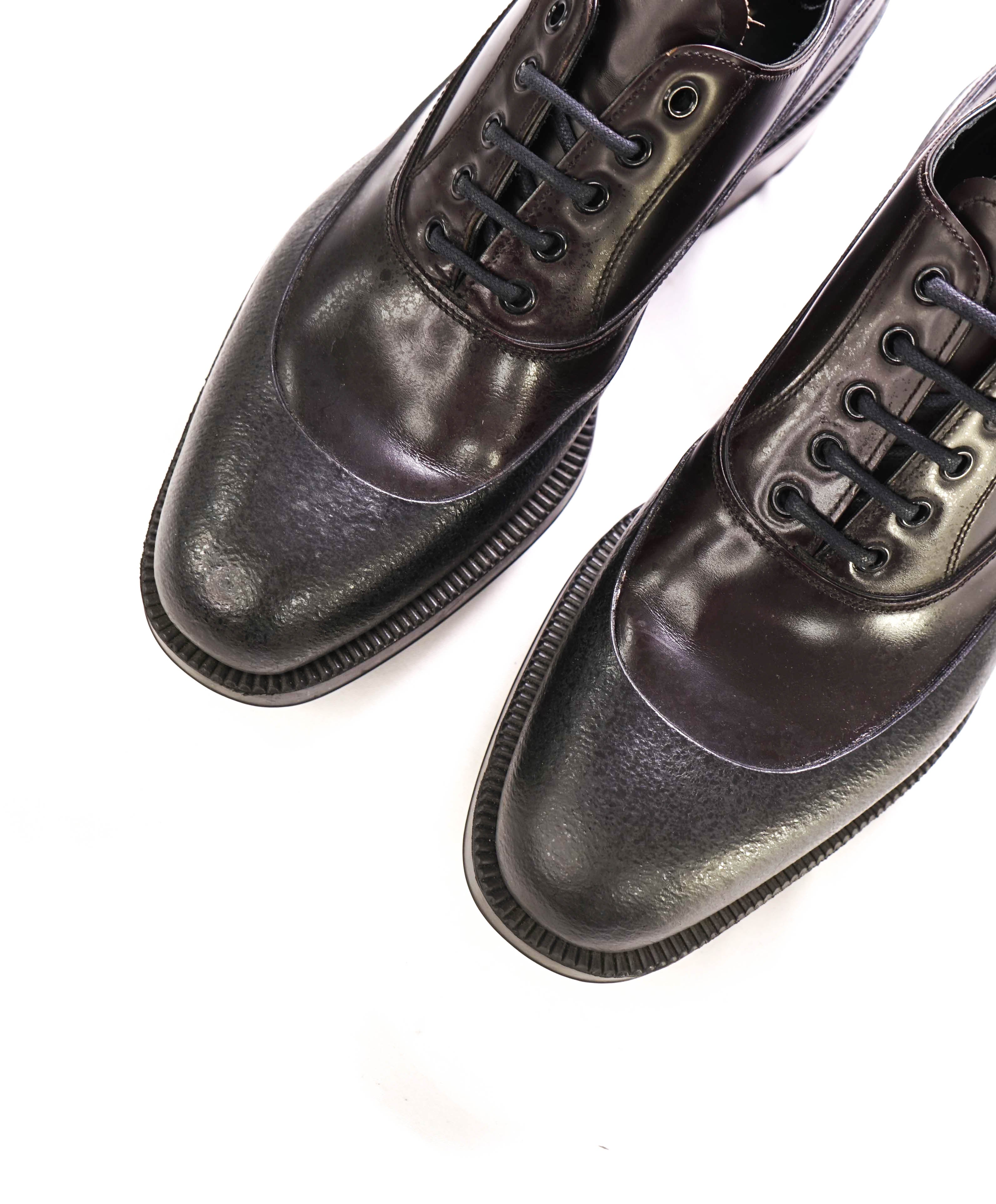 $1,320 PRADA - Brown Leather Brogue Mixed-Media Lug Sole Oxfords - 8 US (7 Prada)