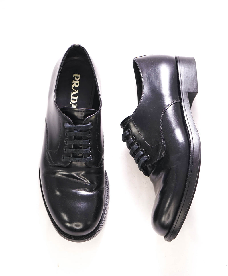 $1,150 PRADA - Black Brushed Polished Leather Derby Lace-Ups - 9.5 US (8.5 Prada)