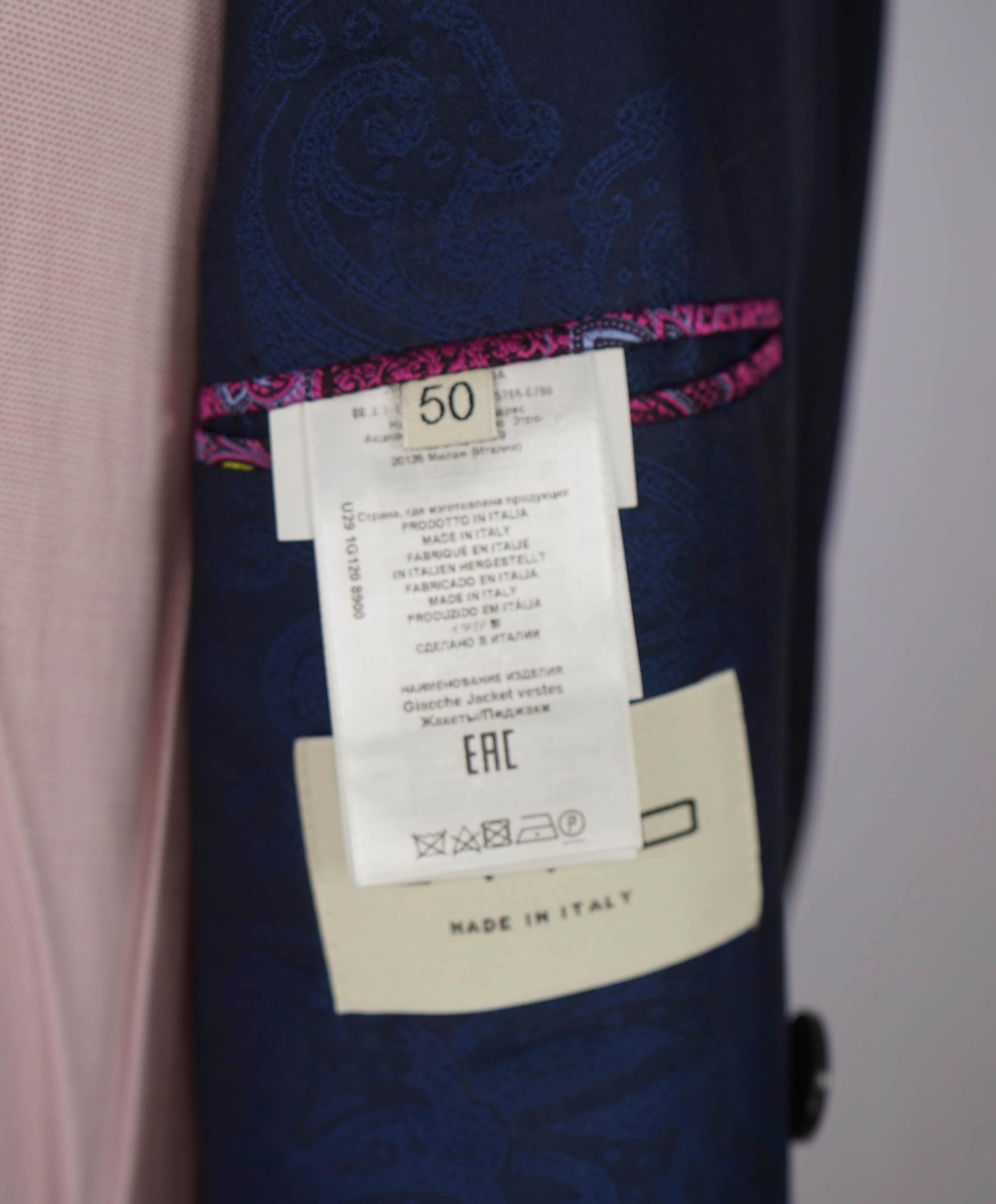 $3,395 ETRO - Navy Peak Lapel DOUBLE BREASTED Silk Lined Suit - 40R