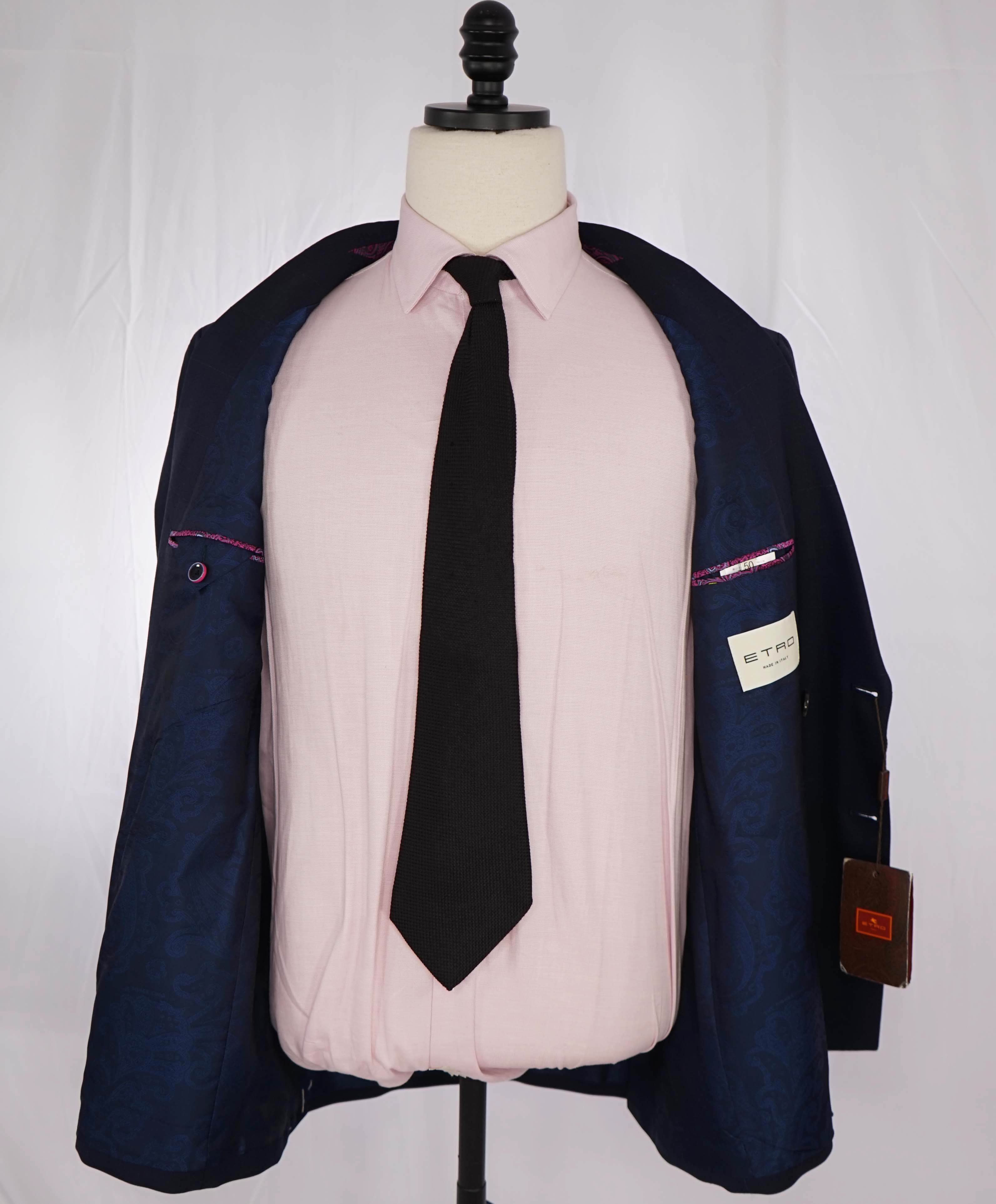 $3,395 ETRO - Navy Peak Lapel DOUBLE BREASTED Silk Lined Suit - 40R