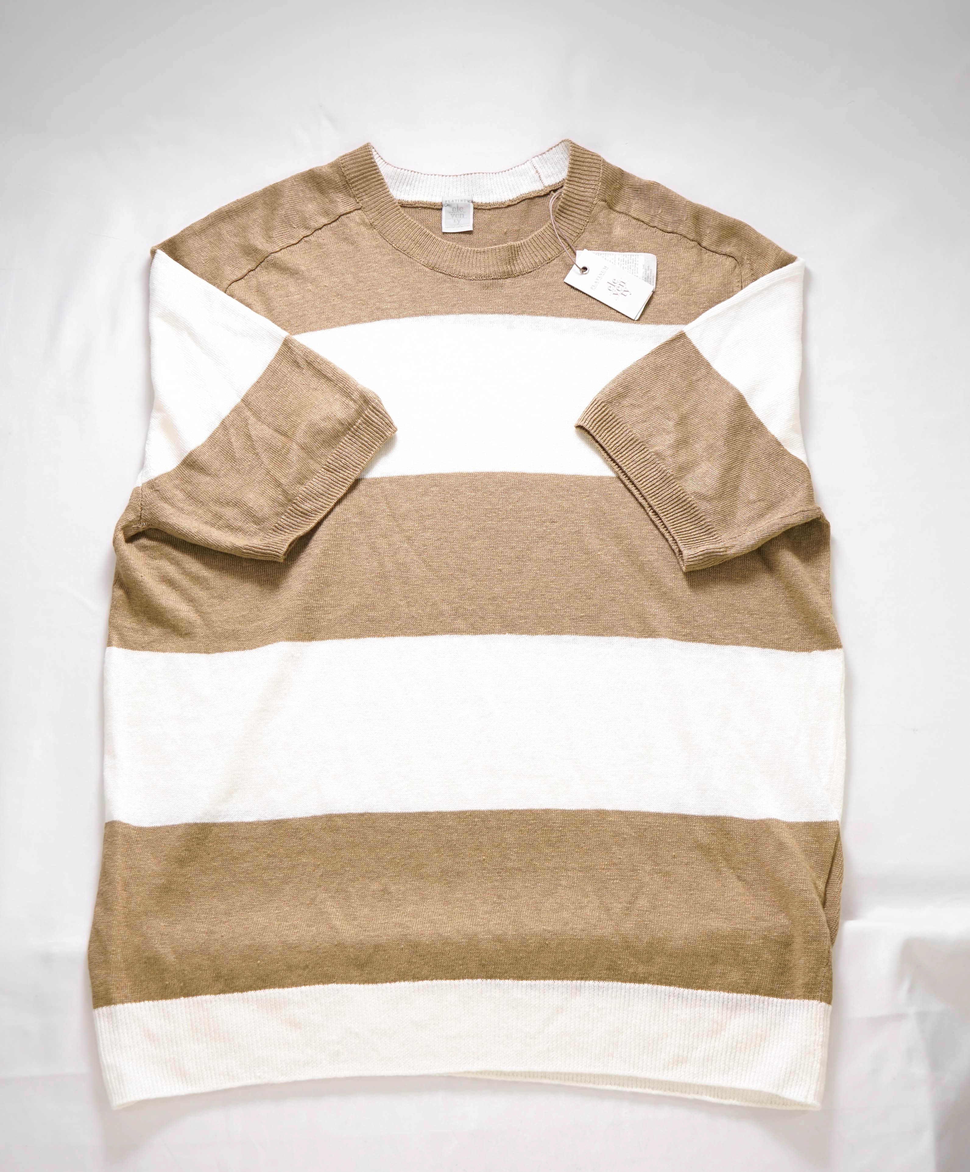 $295 ELEVENTY - Linen NAUTICAL STRIPE Camel/White Short Sleeve T - M