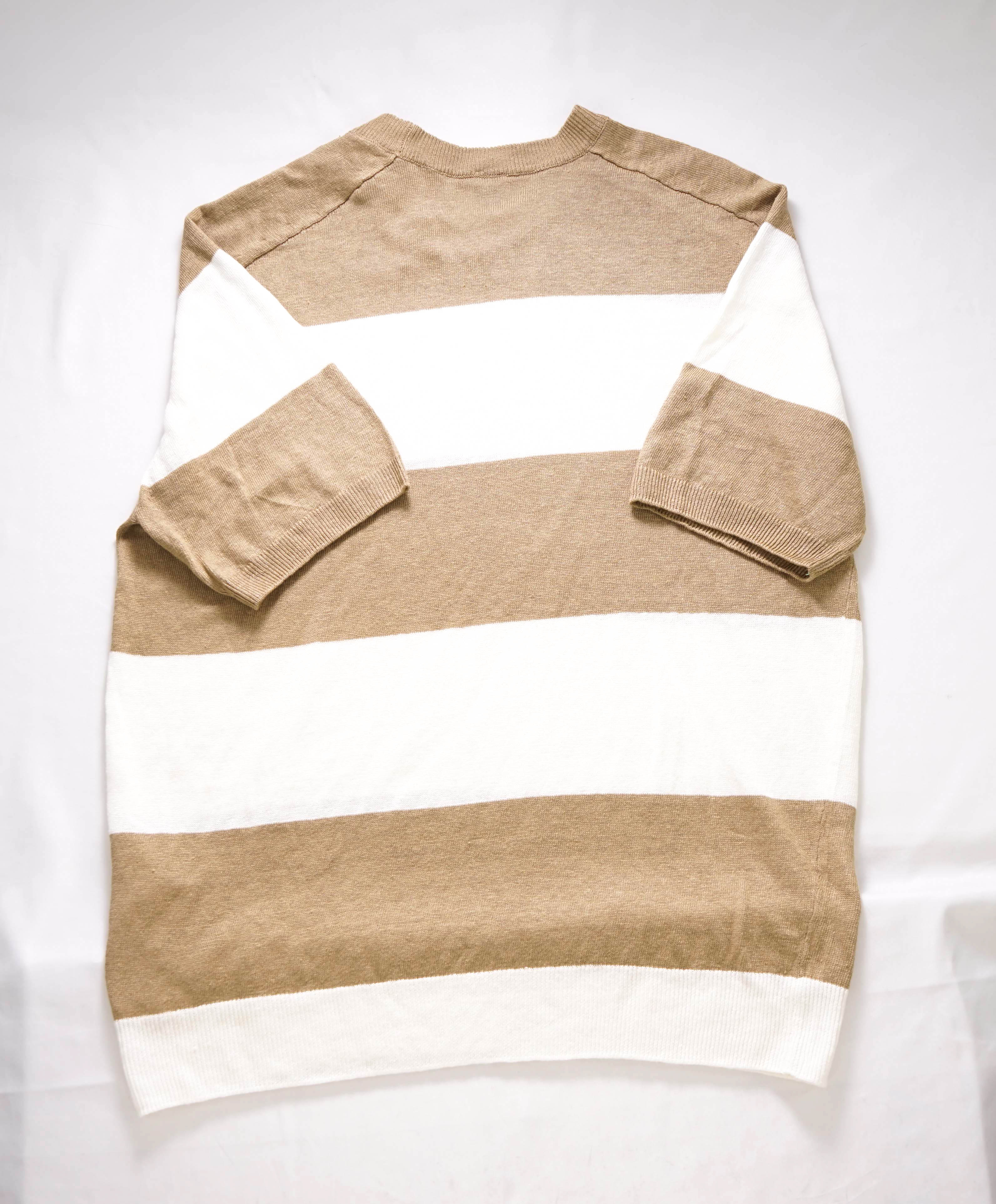 $295 ELEVENTY - Linen NAUTICAL STRIPE Camel/White Short Sleeve T - M