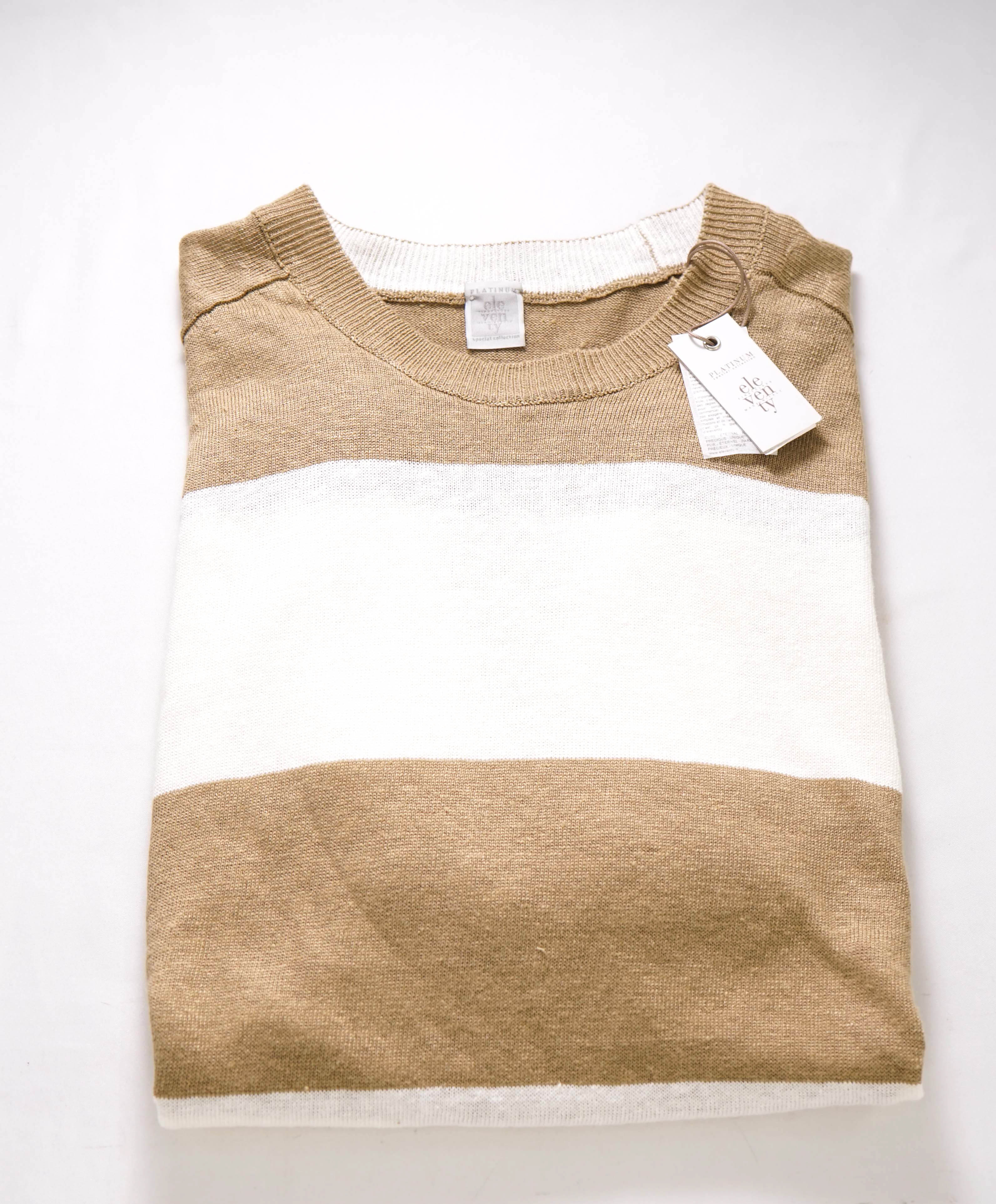 $295 ELEVENTY - Linen NAUTICAL STRIPE Camel/White Short Sleeve T - M