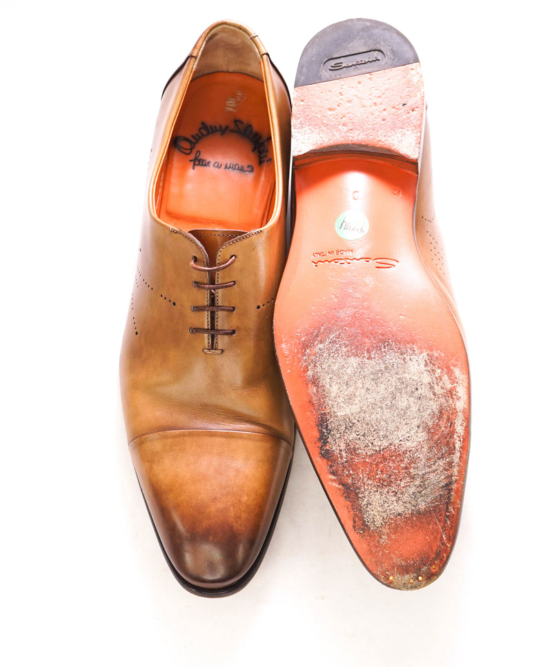 $1,295 SANTONI - "Fatte A Mano" Neutral Patina Texture Hand Made Oxford - 13 US (12 Santoni)