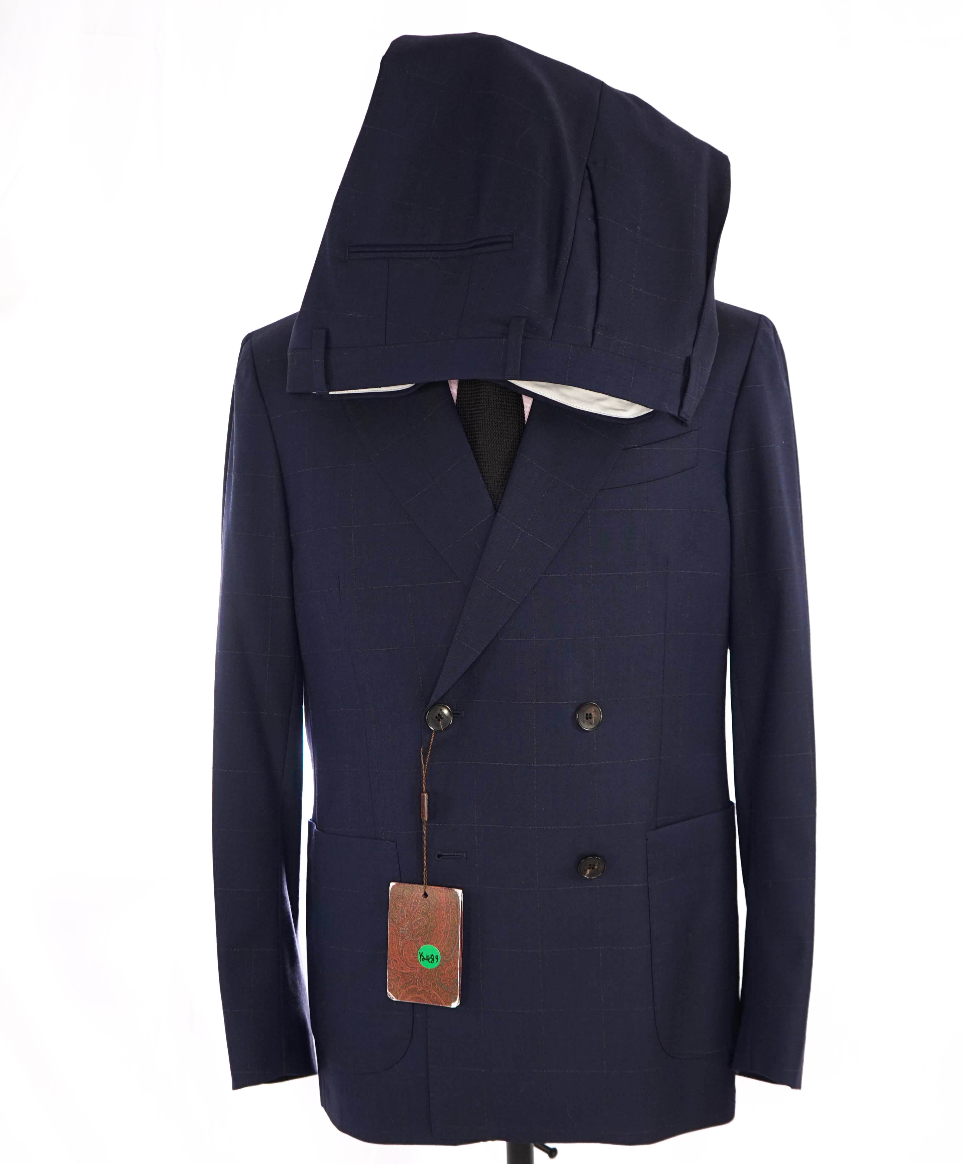 $3,395 ETRO - Navy Peak Lapel DOUBLE BREASTED Silk Lined Suit - 40R