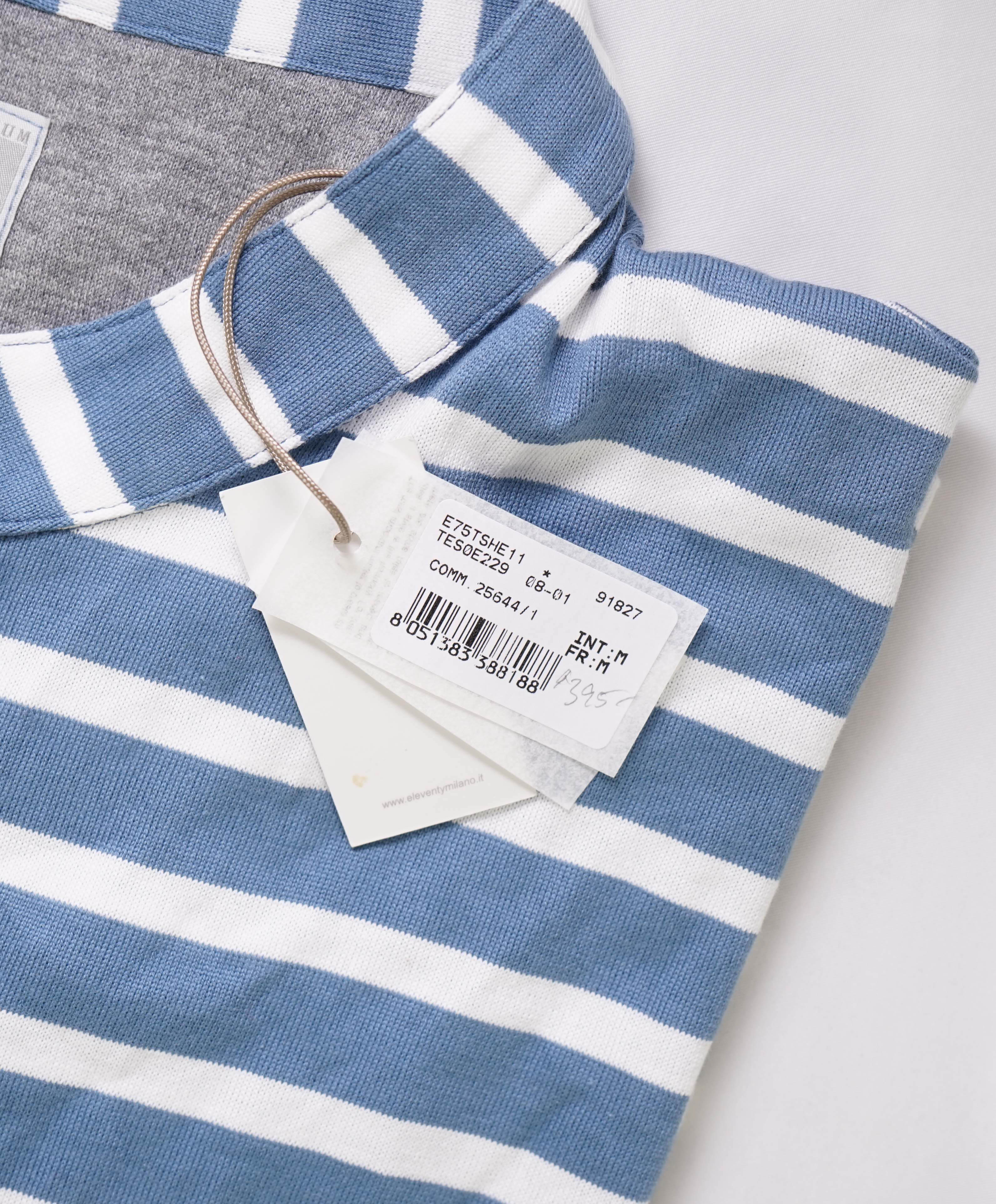 $395 ELEVENTY - Logo COTTON Nautical Stripe Henley T-Shirt Blue - M