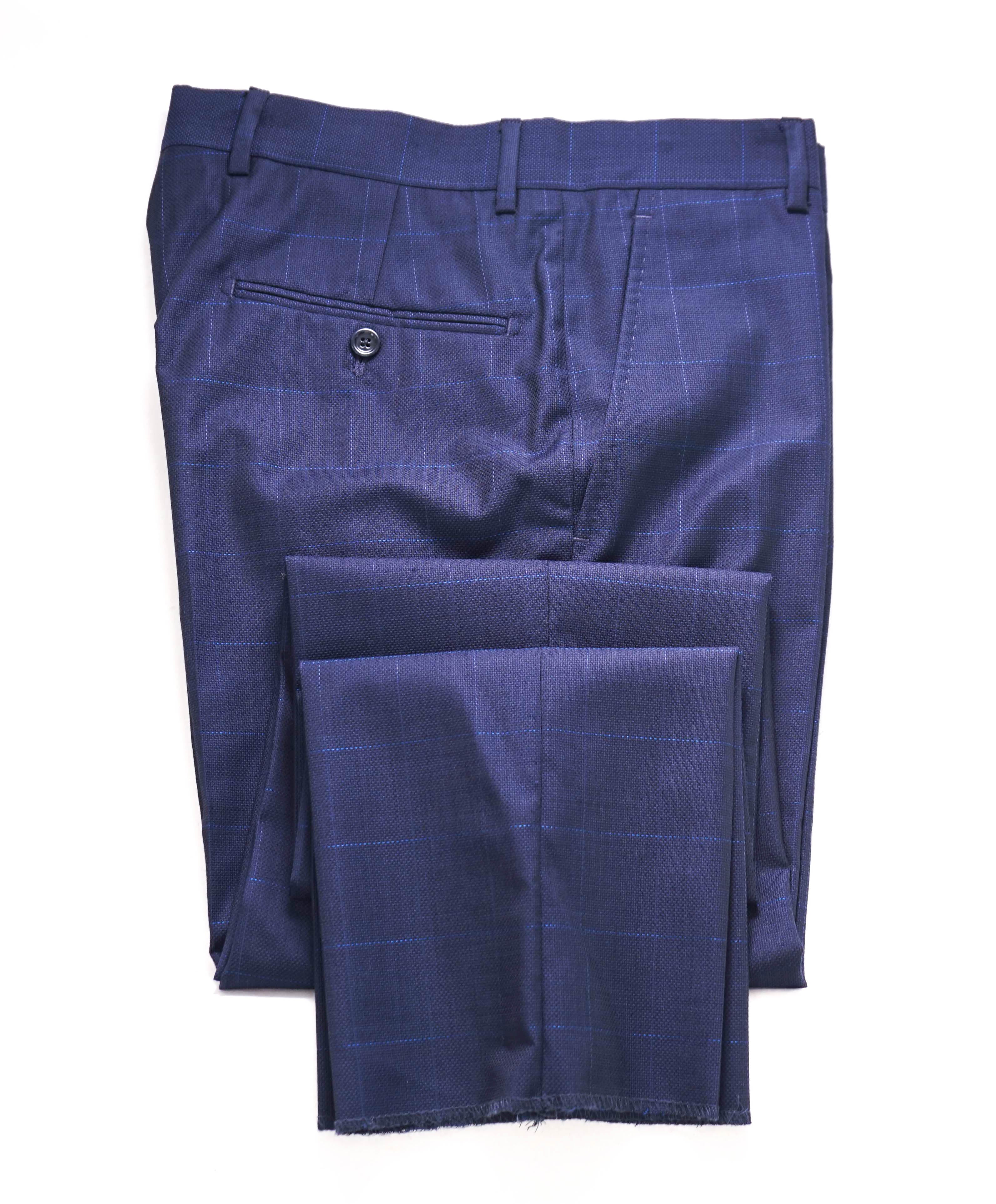 SAKS FIFTH AVE - Navy Blue Windowpane Wool MADE IN ITALY Flat Front Dress Pants - 32W