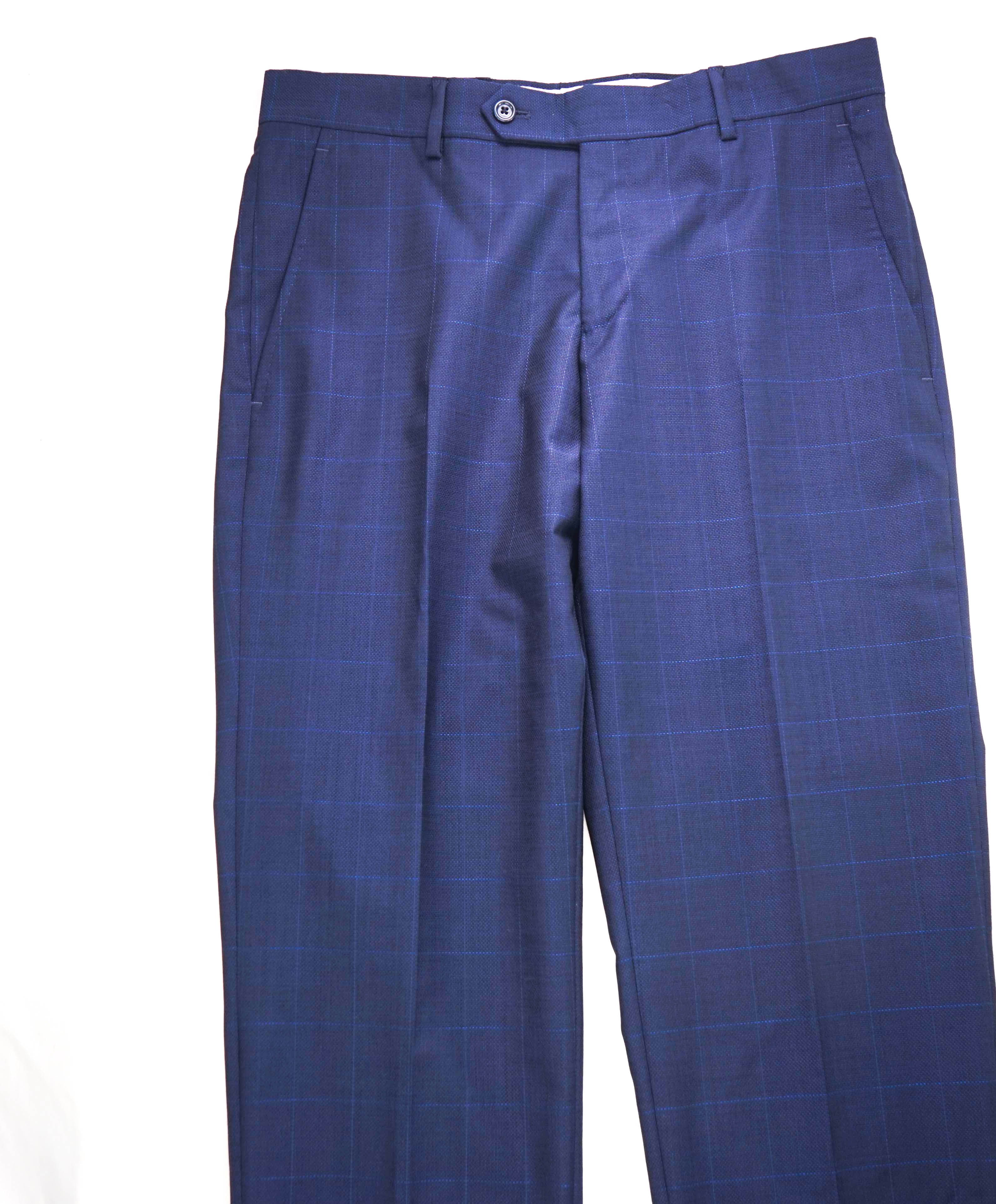 SAKS FIFTH AVE - Navy Blue Windowpane Wool MADE IN ITALY Flat Front Dress Pants - 32W