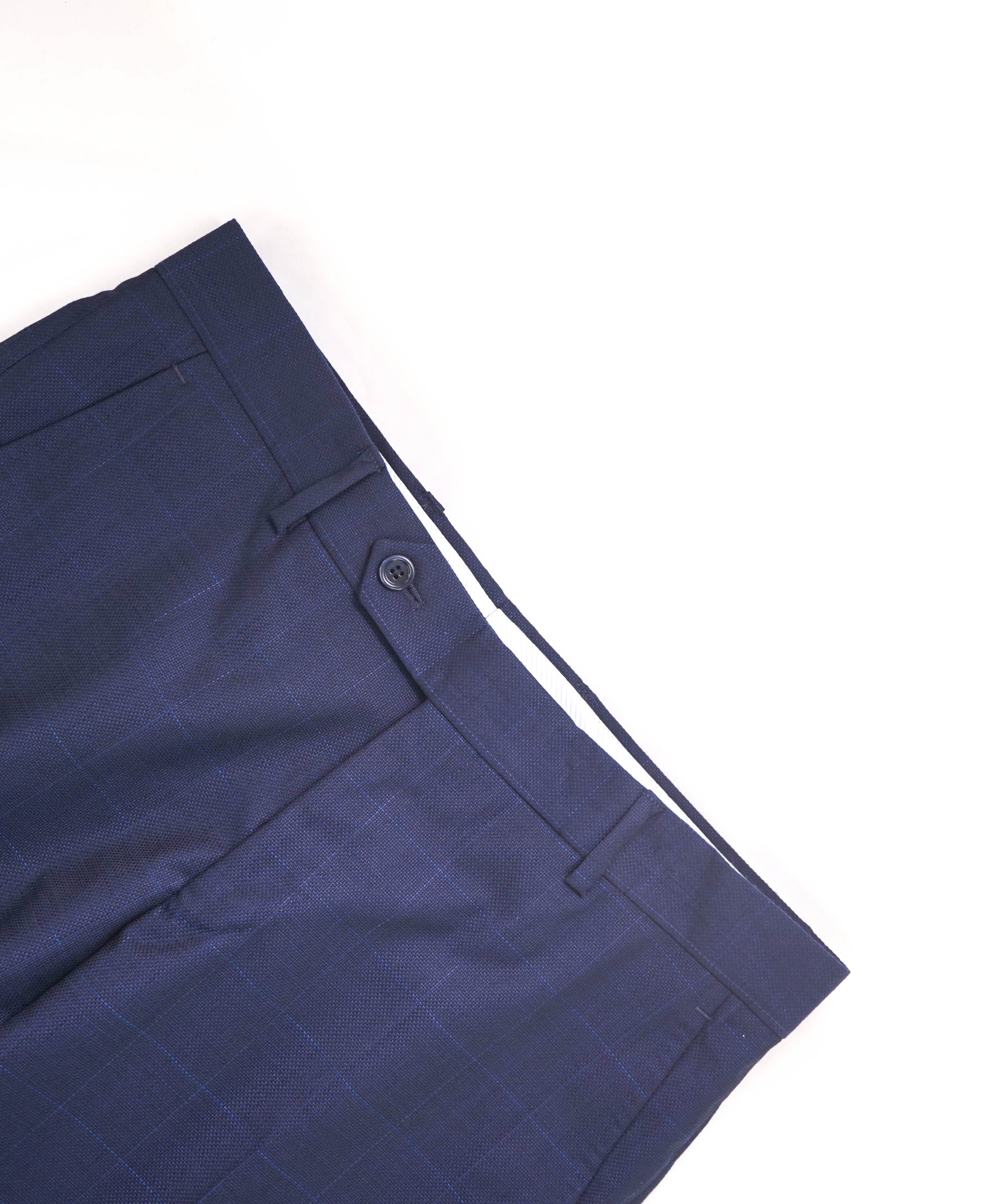 SAKS FIFTH AVE - Navy Blue Windowpane Wool MADE IN ITALY Flat Front Dress Pants - 32W