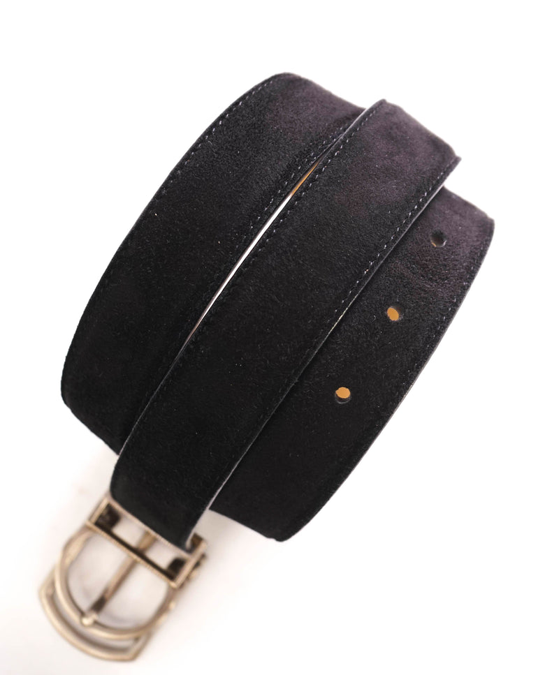 $535 SALVATORE FERRAGAMO - Black Single Gancini Buckle SUEDE Leather Belt - 34W