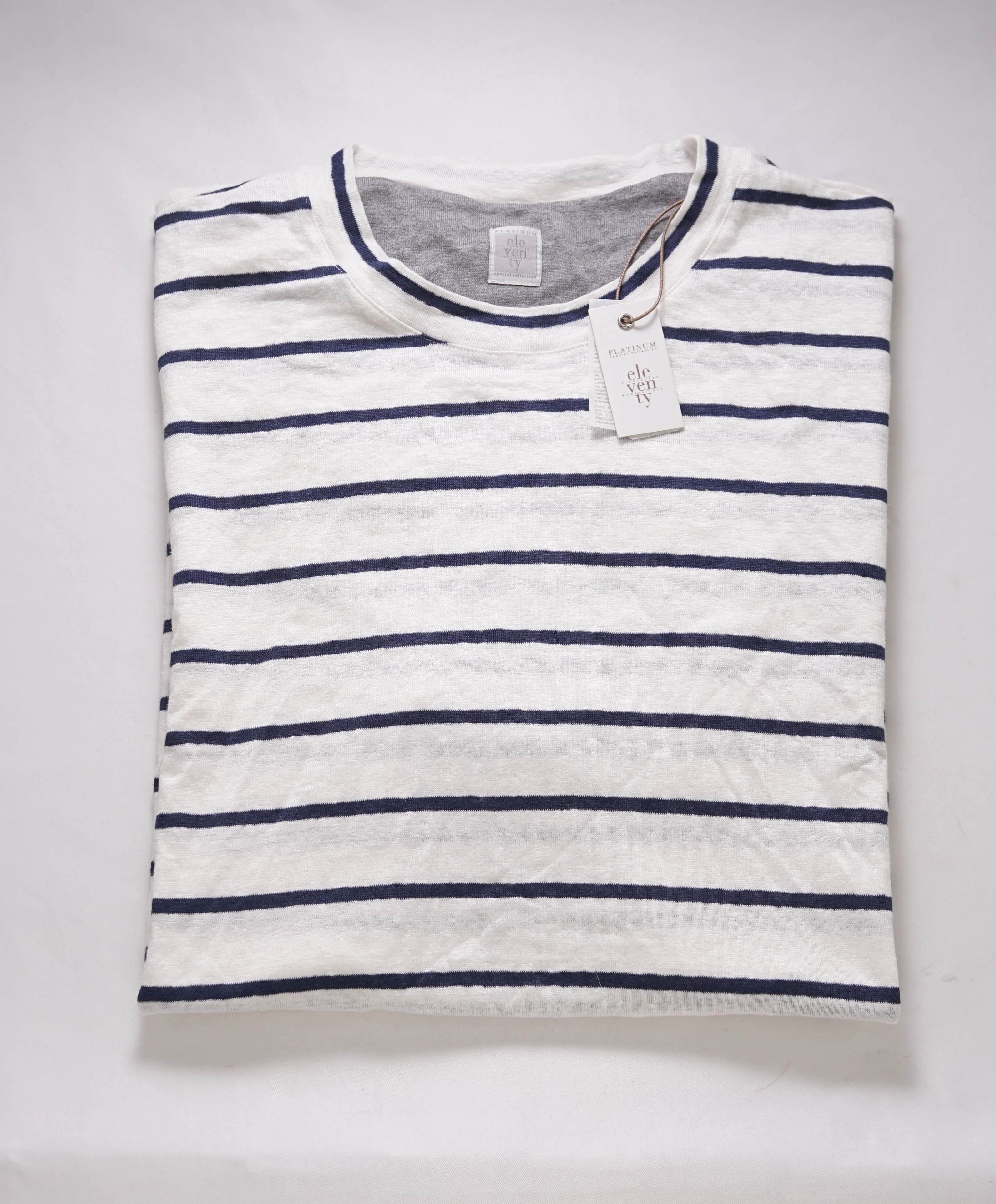 $245 ELEVENTY - Linen NAUTICAL STRIPE Navy/White Short Sleeve T - M