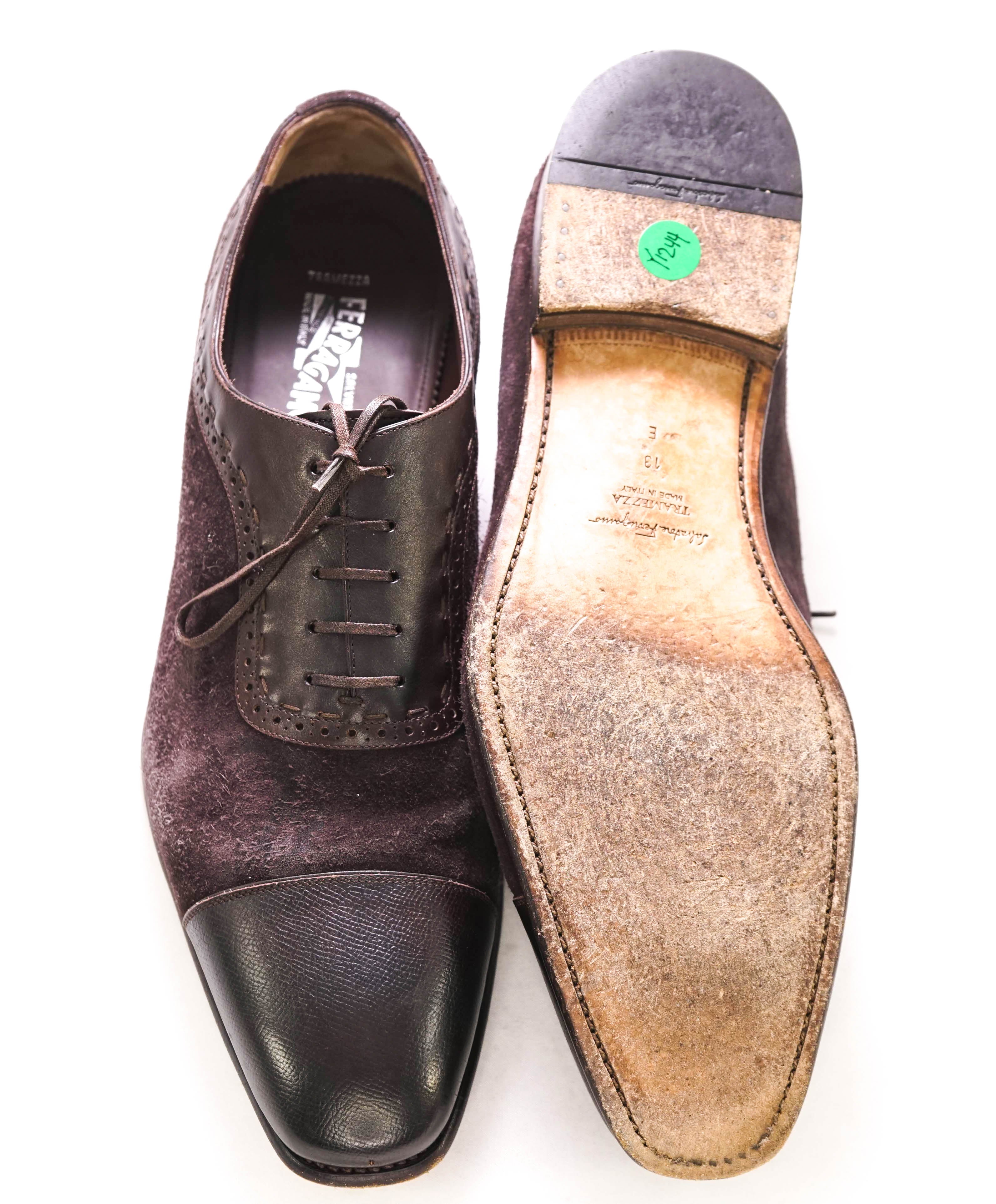 $1,250 SALVATORE FERRAGAMO - "TRAMEZZA" Burgundy Mixed Media Oxford - 13 E US