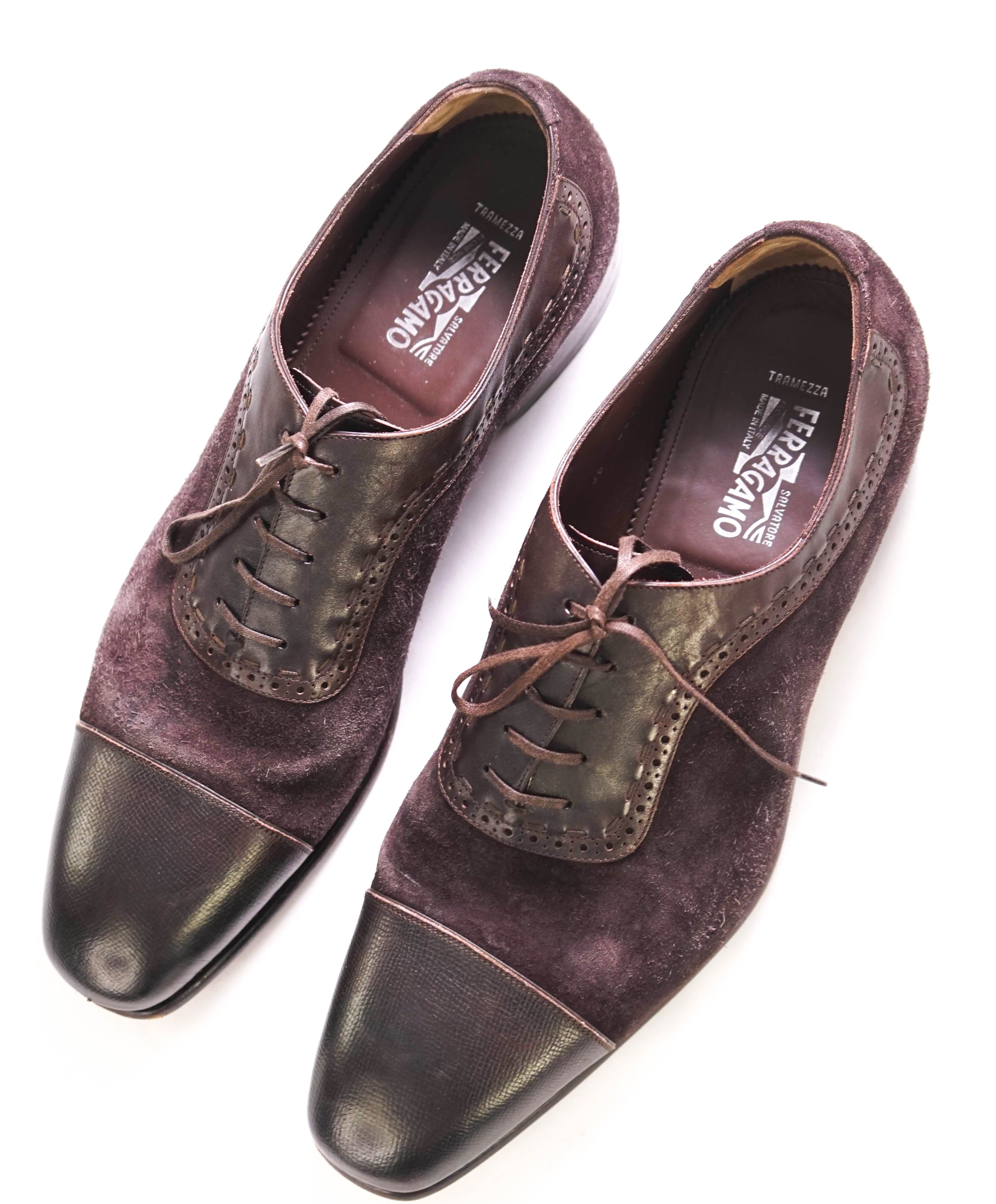 $1,250 SALVATORE FERRAGAMO - "TRAMEZZA" Burgundy Mixed Media Oxford - 13 E US