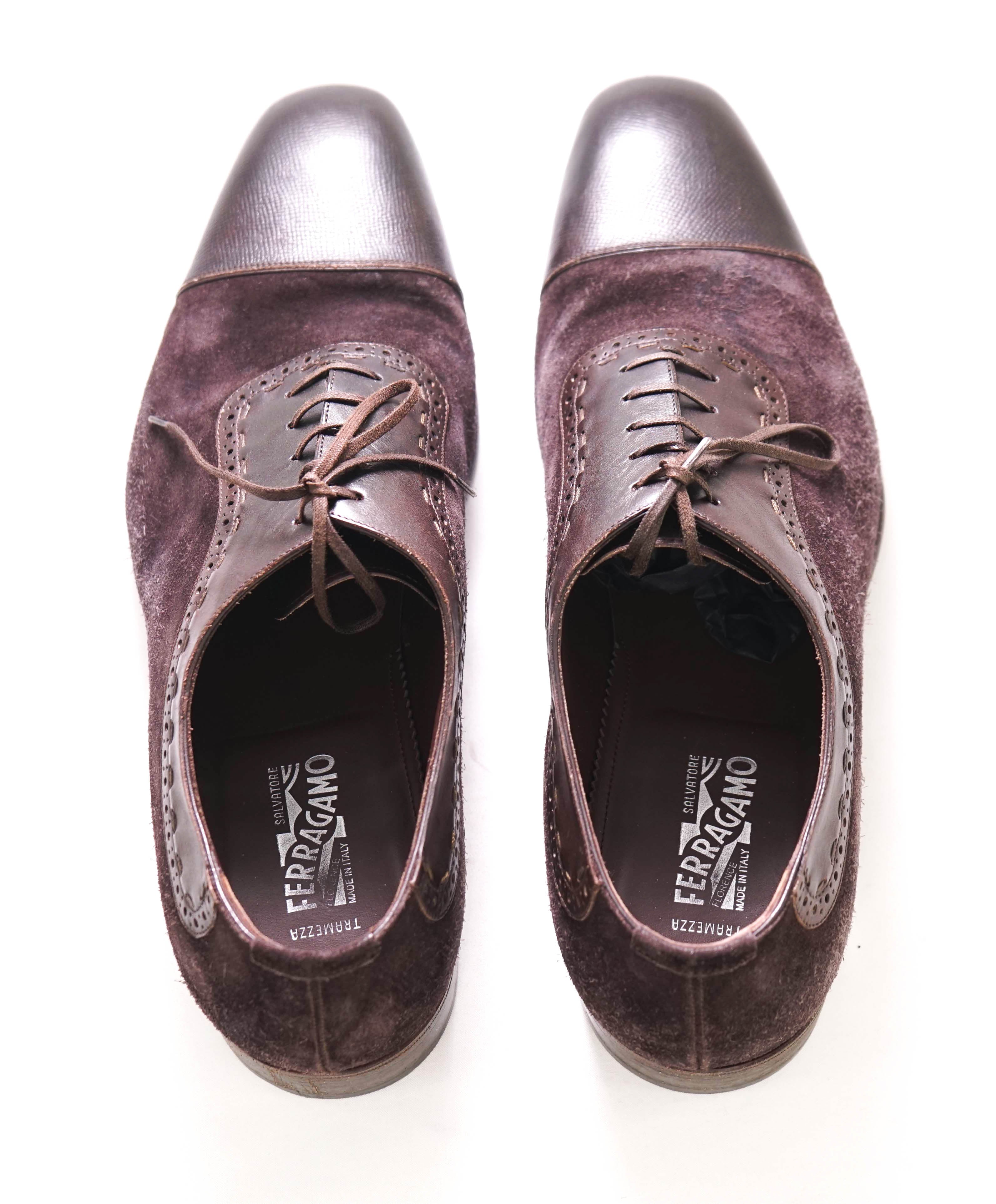 $1,250 SALVATORE FERRAGAMO - "TRAMEZZA" Burgundy Mixed Media Oxford - 13 E US