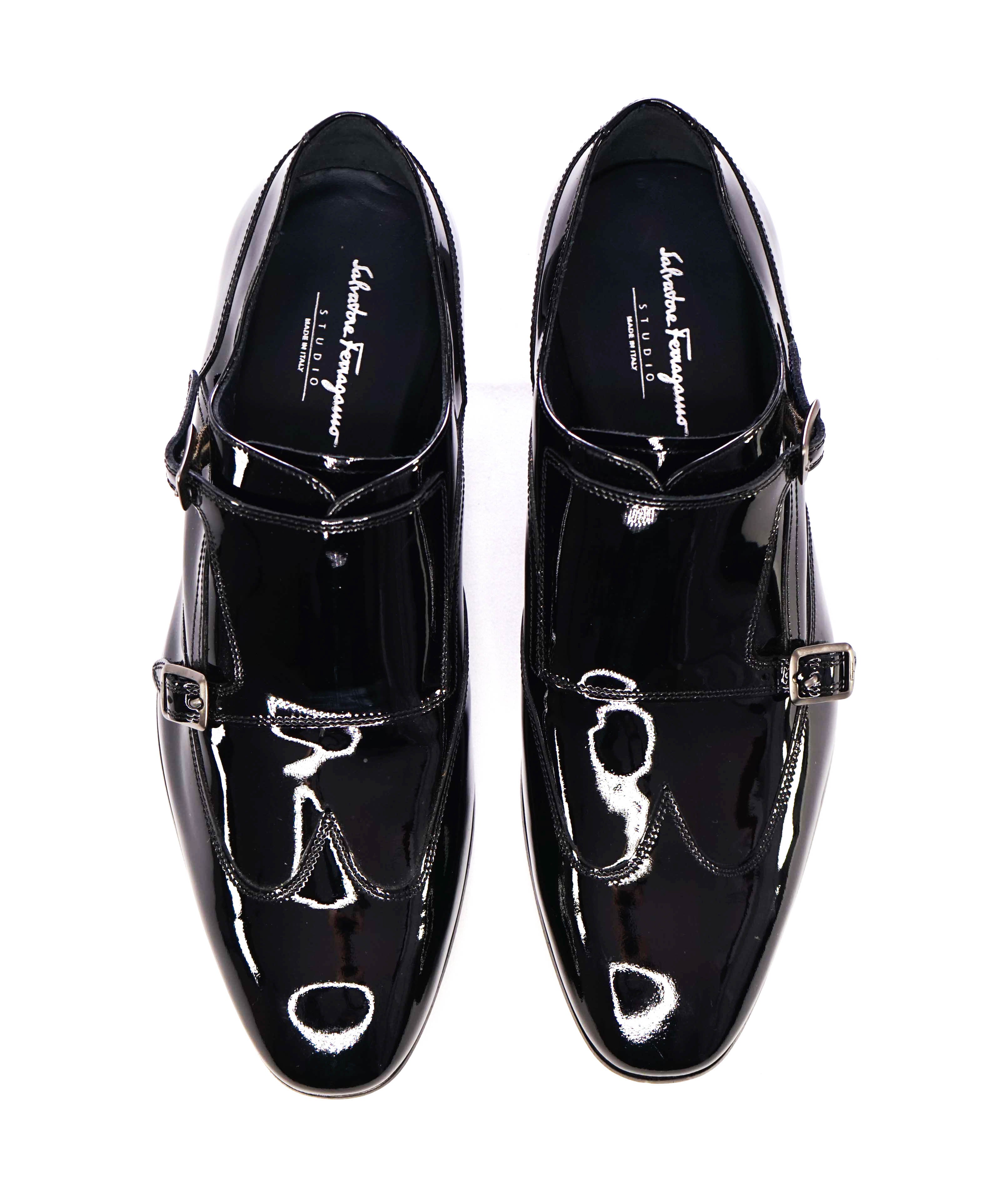 Salvatore Ferragamo - Black Patent Leather Monk Strap Wingtip Shoes - 8EE