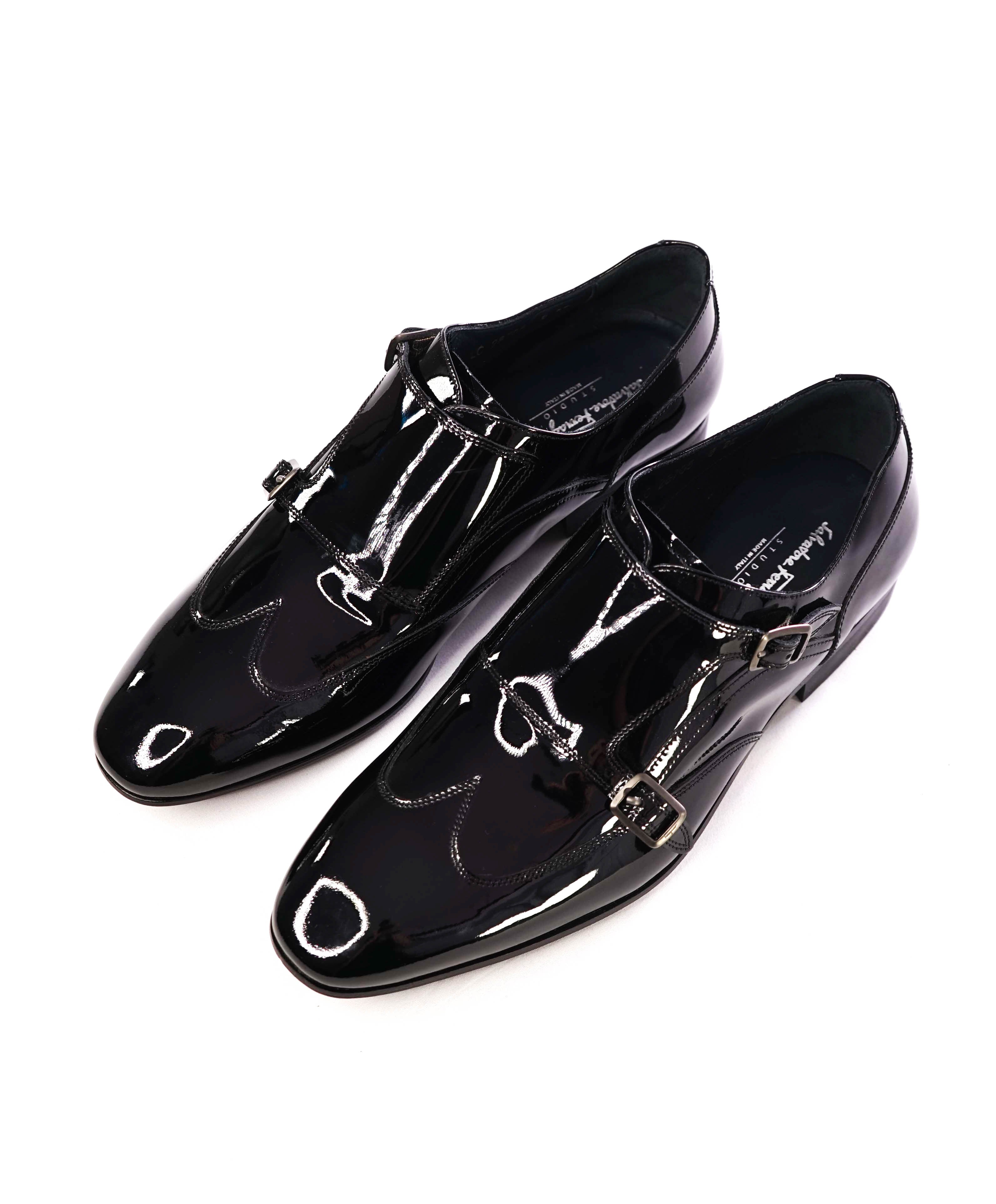 Salvatore Ferragamo - Black Patent Leather Monk Strap Wingtip Shoes - 8EE