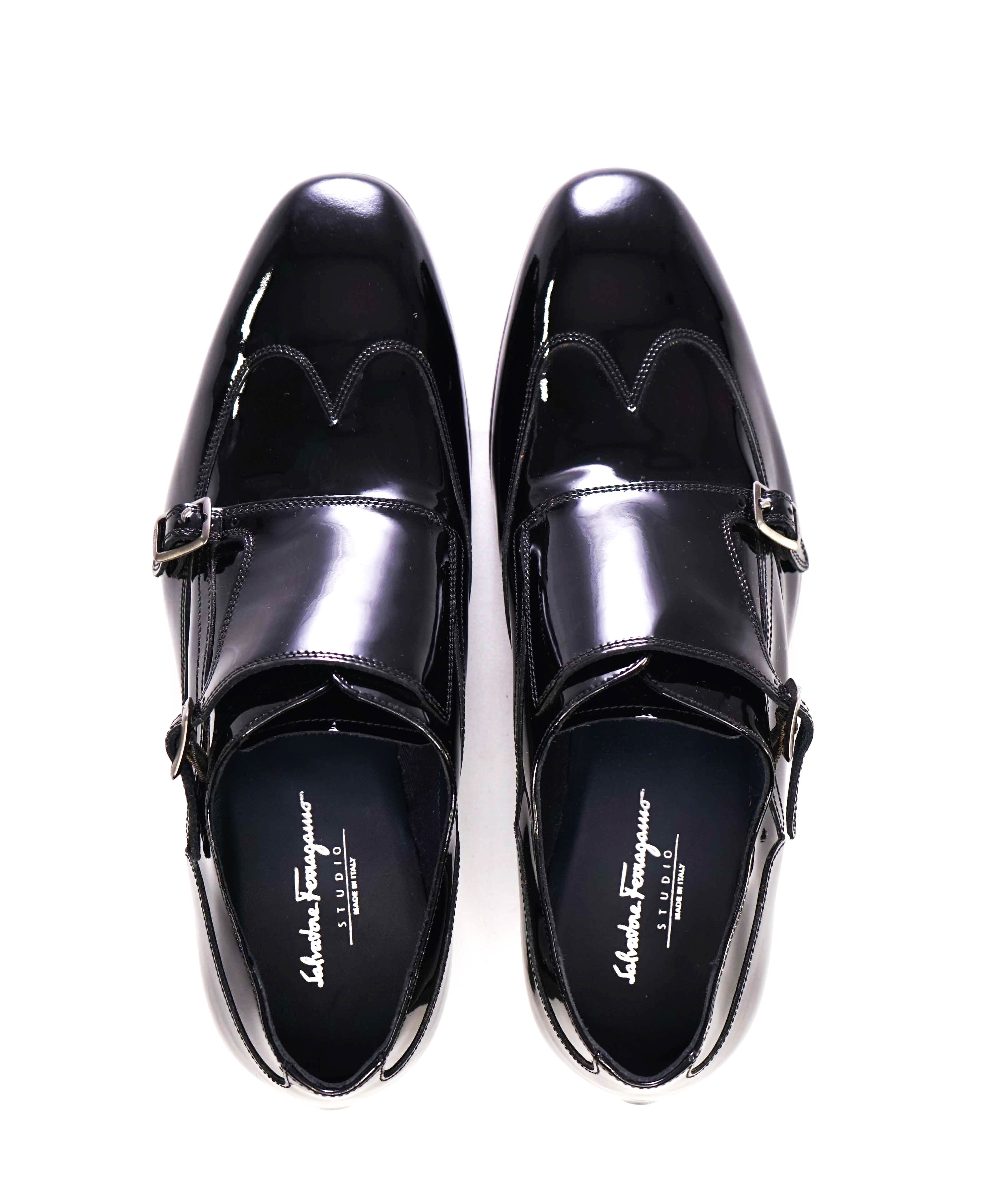 Salvatore Ferragamo - Black Patent Leather Monk Strap Wingtip Shoes - 8EE