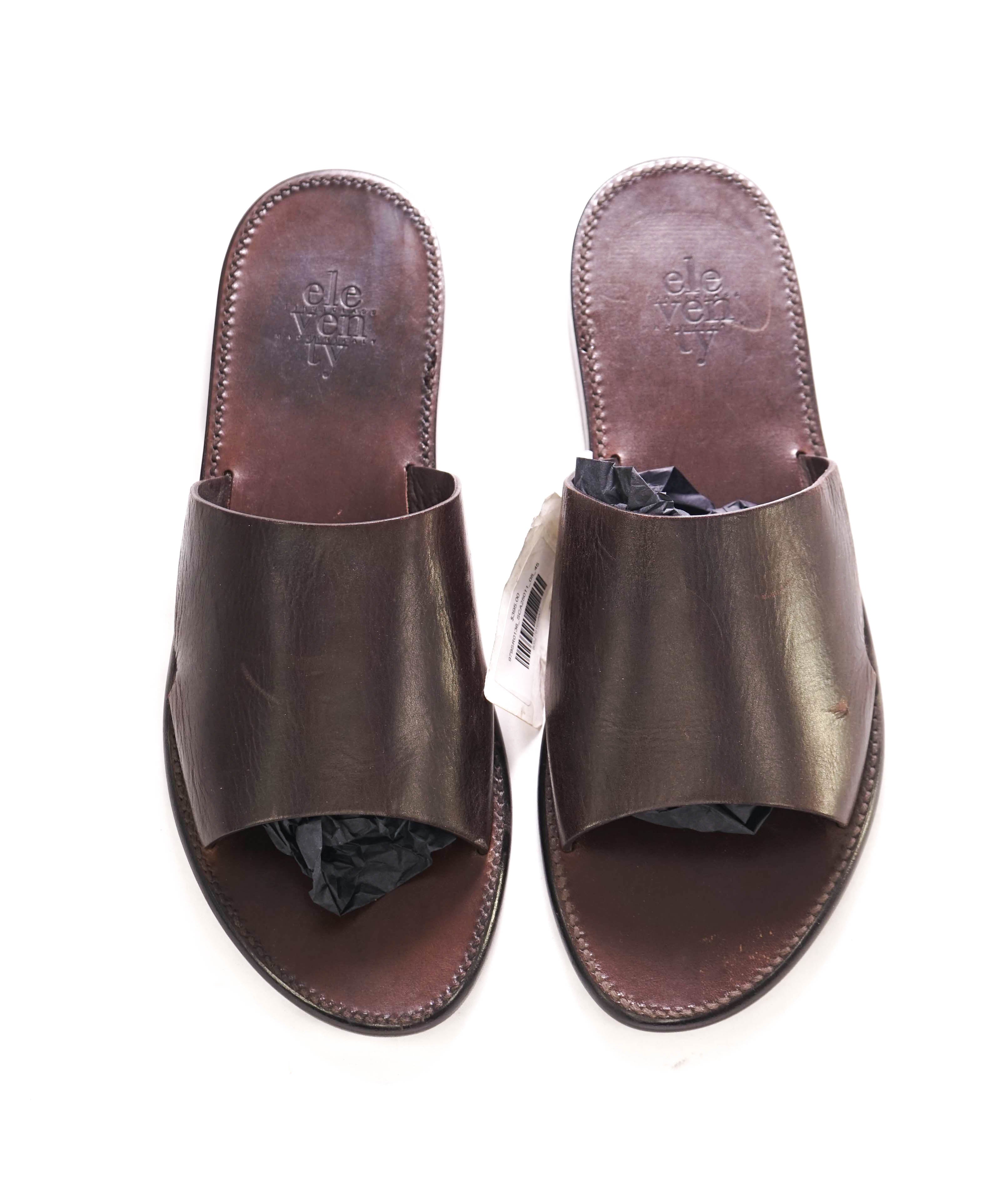 $395 ELEVENTY - Full Leather Brown Slide Sandals Made In Italy - 12 US (45EU)