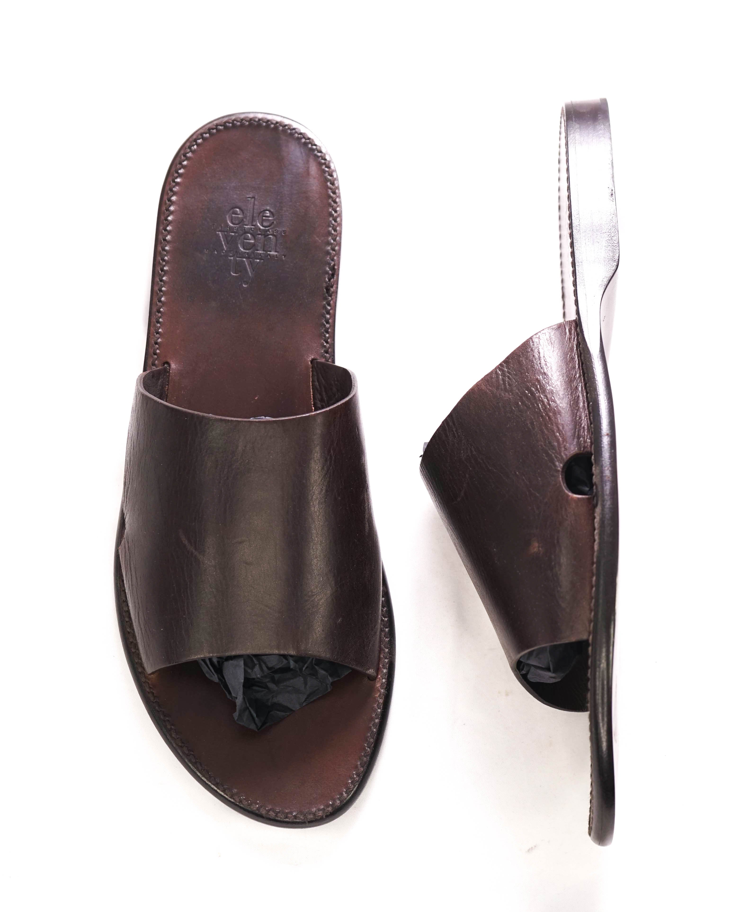 $395 ELEVENTY - Full Leather Brown Slide Sandals Made In Italy - 12 US (45EU)