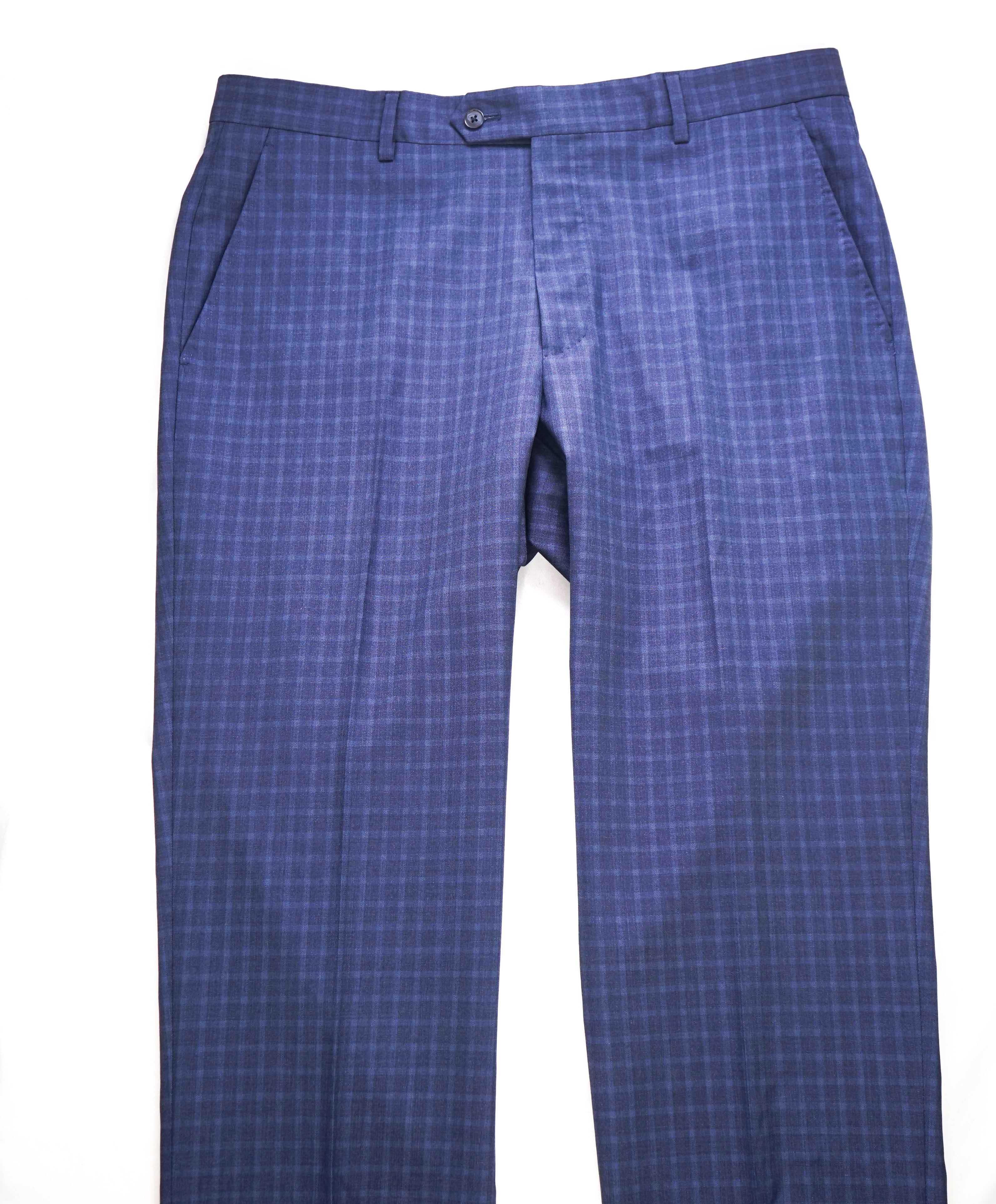 SAKS FIFTH AVE - Blue "SLIM" Check WOOL MADE IN ITALY Flat Front Dress Pants - 38W