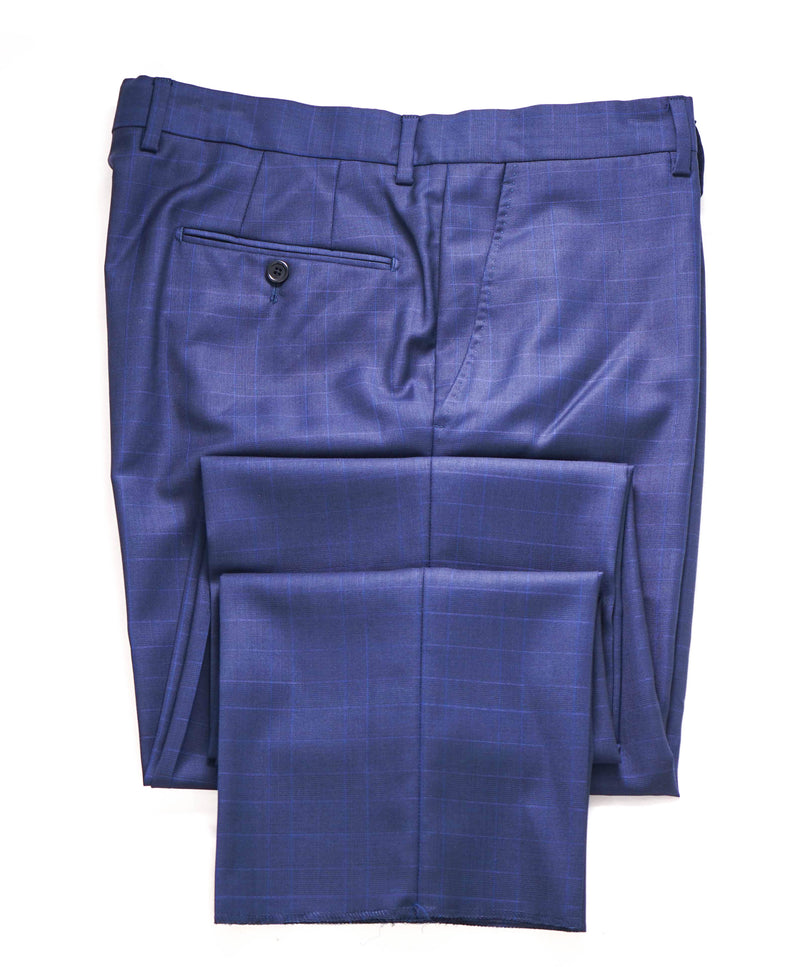 SAKS FIFTH AVE - Blue "TAILORED" Check WOOL MADE IN ITALY Flat Front Dress Pants - 36W