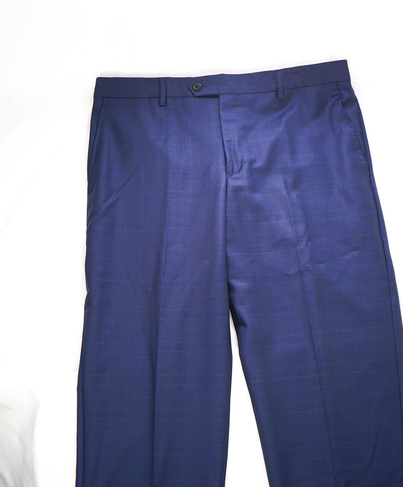 SAKS FIFTH AVE - Blue "TAILORED" Check WOOL MADE IN ITALY Flat Front Dress Pants - 36W