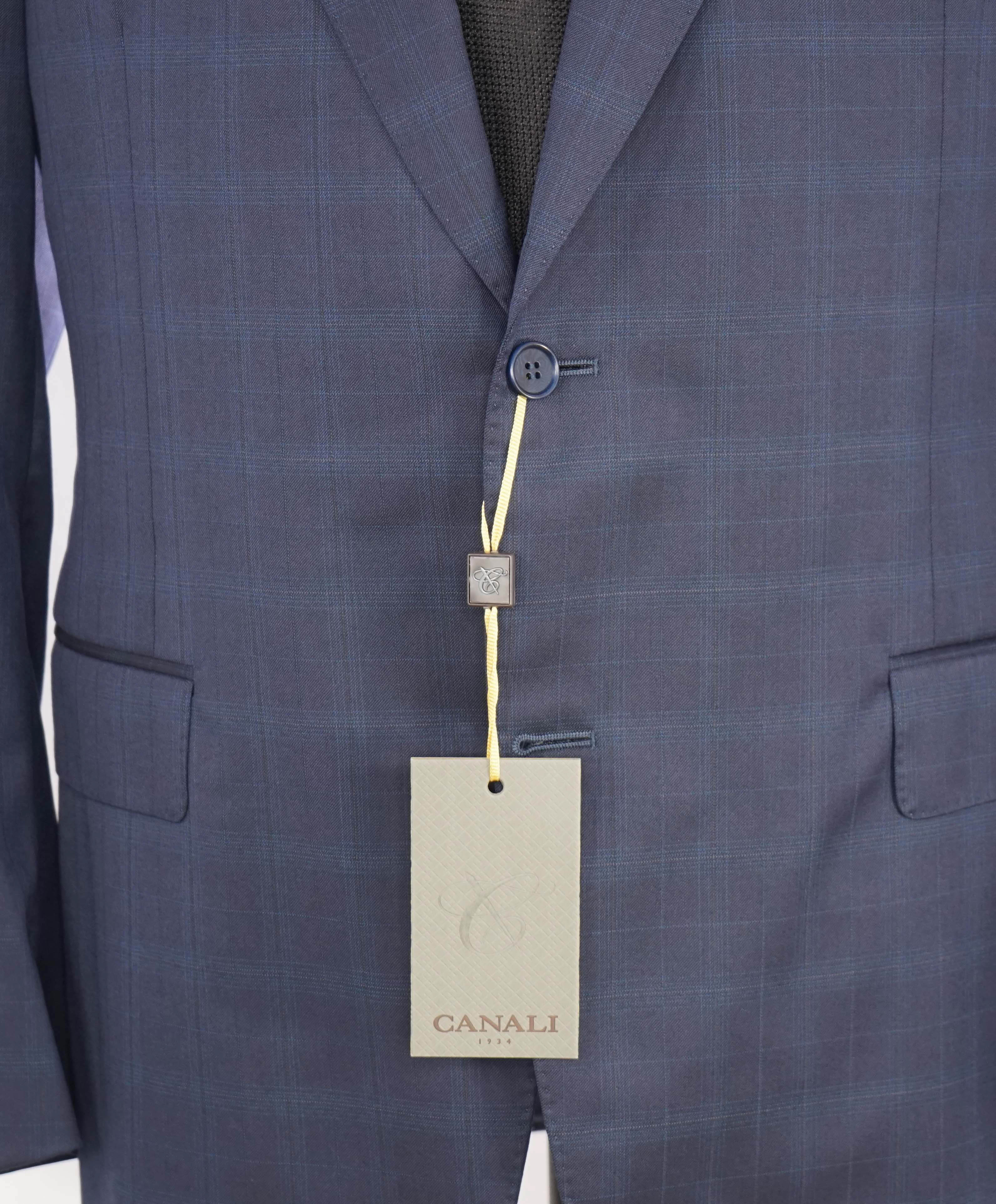 $1,895 CANALI - Navy Blue Windowpane Check Wool 2-Btn Blazer - 46R US